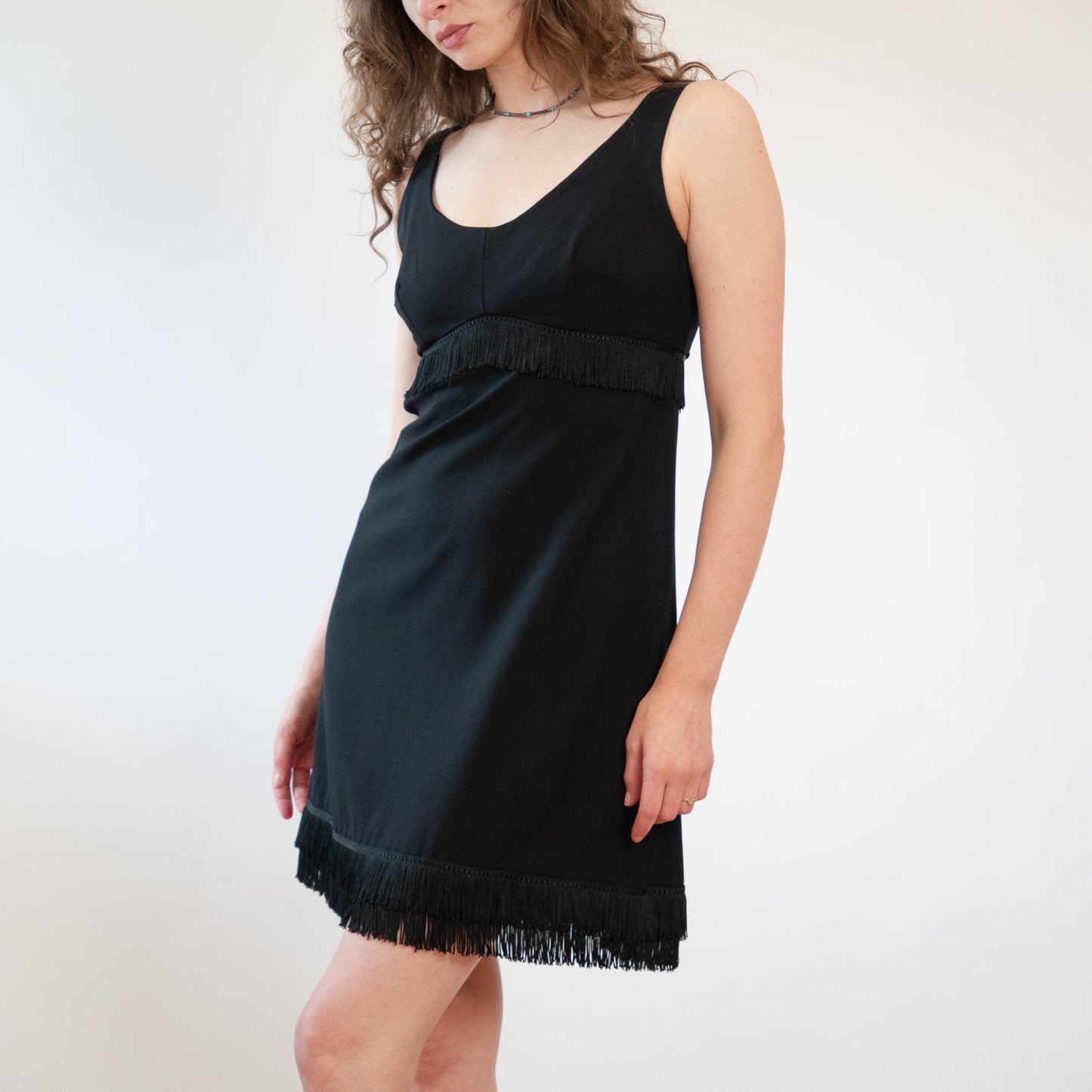 Vintage 70s Black Fringe Mini Party Dress - Large | Retro Flapper Gatsby Party Dress