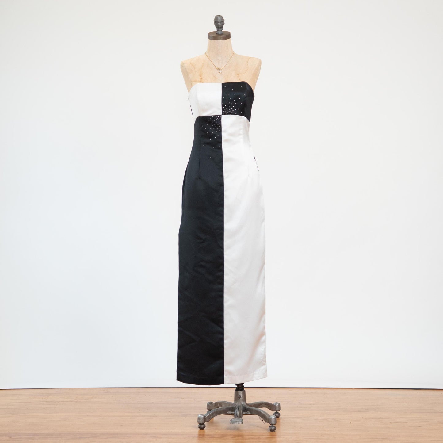 Vintage Y2K Jessica McClintock for Gunne Sax Black & White Satin Gown - Extra Small | Strapless Rhinestone Maxi Prom Dress