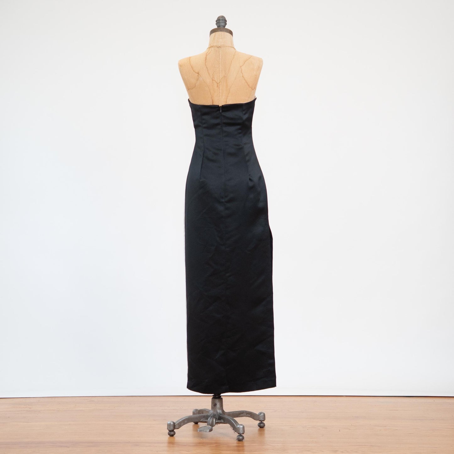 Vintage Y2K Jessica McClintock for Gunne Sax Black & White Satin Gown - Extra Small | Strapless Rhinestone Maxi Prom Dress