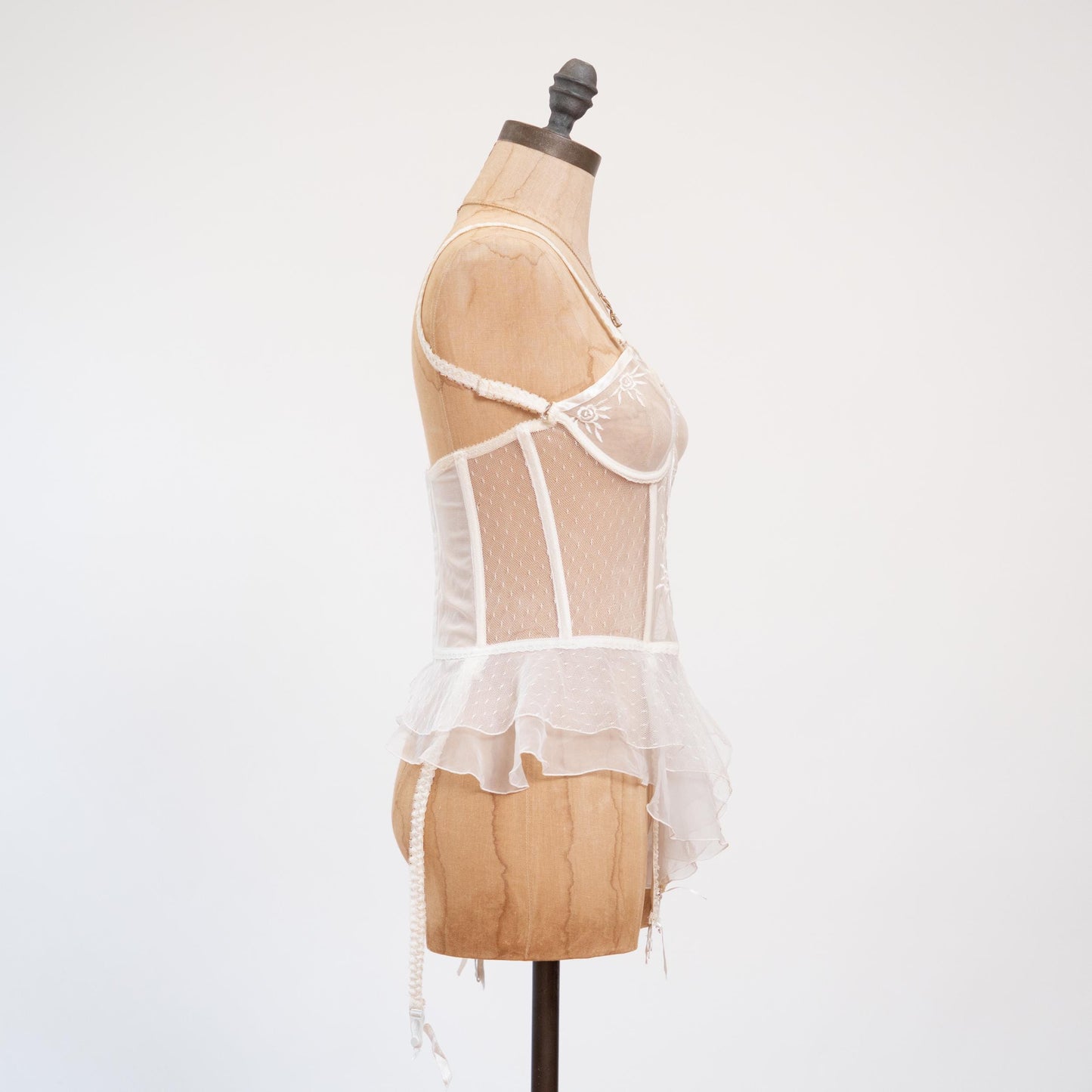 Vintage 90s Victoria's Secret Bridal Bustier Babydoll - 34C | Sheer White Wedding Garter Lingerie