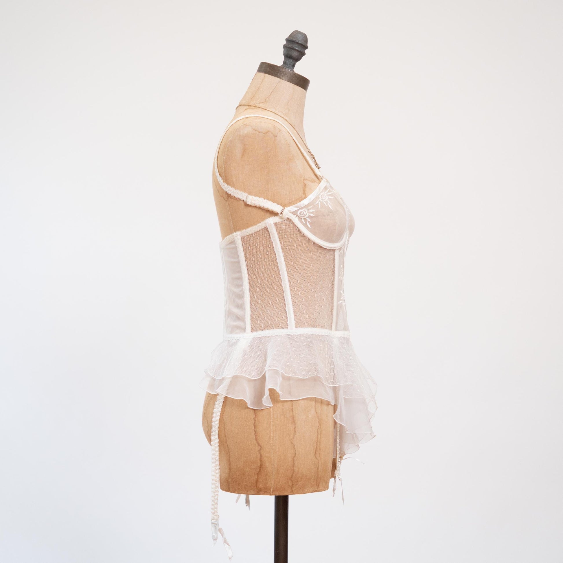 Vintage 90s Victoria's Secret Bridal Bustier Babydoll - 34C | Sheer White Wedding Garter Lingerie
