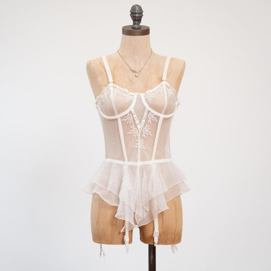 Vintage 90s Victoria's Secret Bridal Bustier Babydoll - 34C | Sheer White Wedding Garter Lingerie
