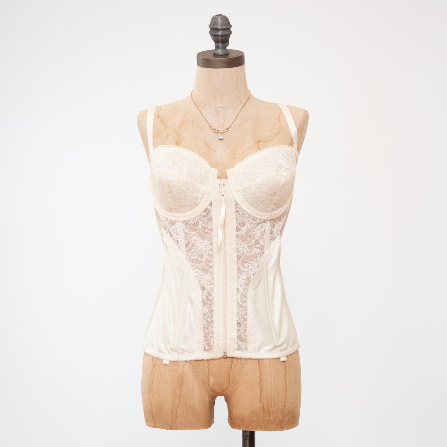 Vintage 80s Ivory Satin & Lace Zip Up Bustier - 38C | Lingerie Longline Garter Corset Top