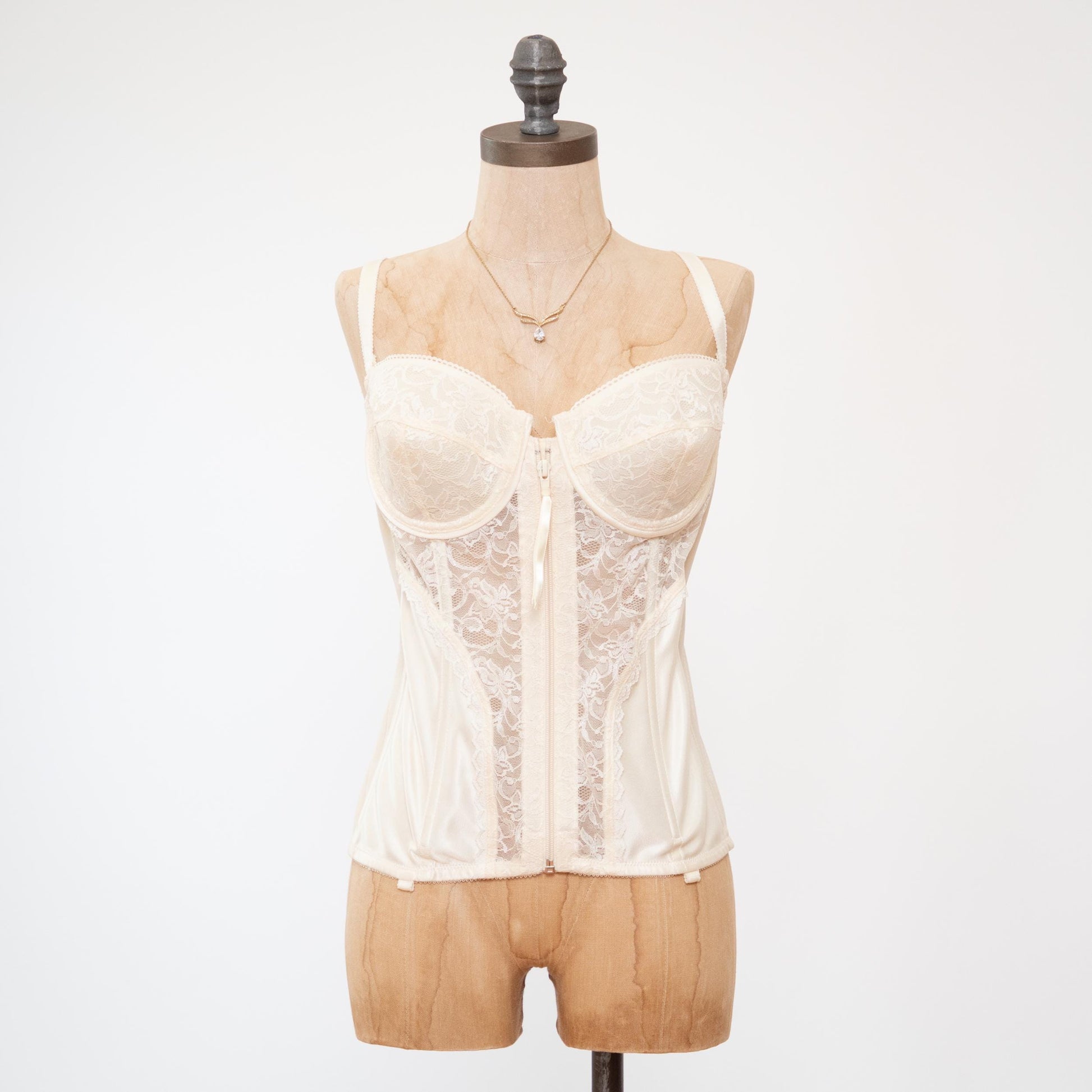 Vintage 80s Ivory Satin & Lace Zip Up Bustier - 38C | Lingerie Longline Garter Corset Top