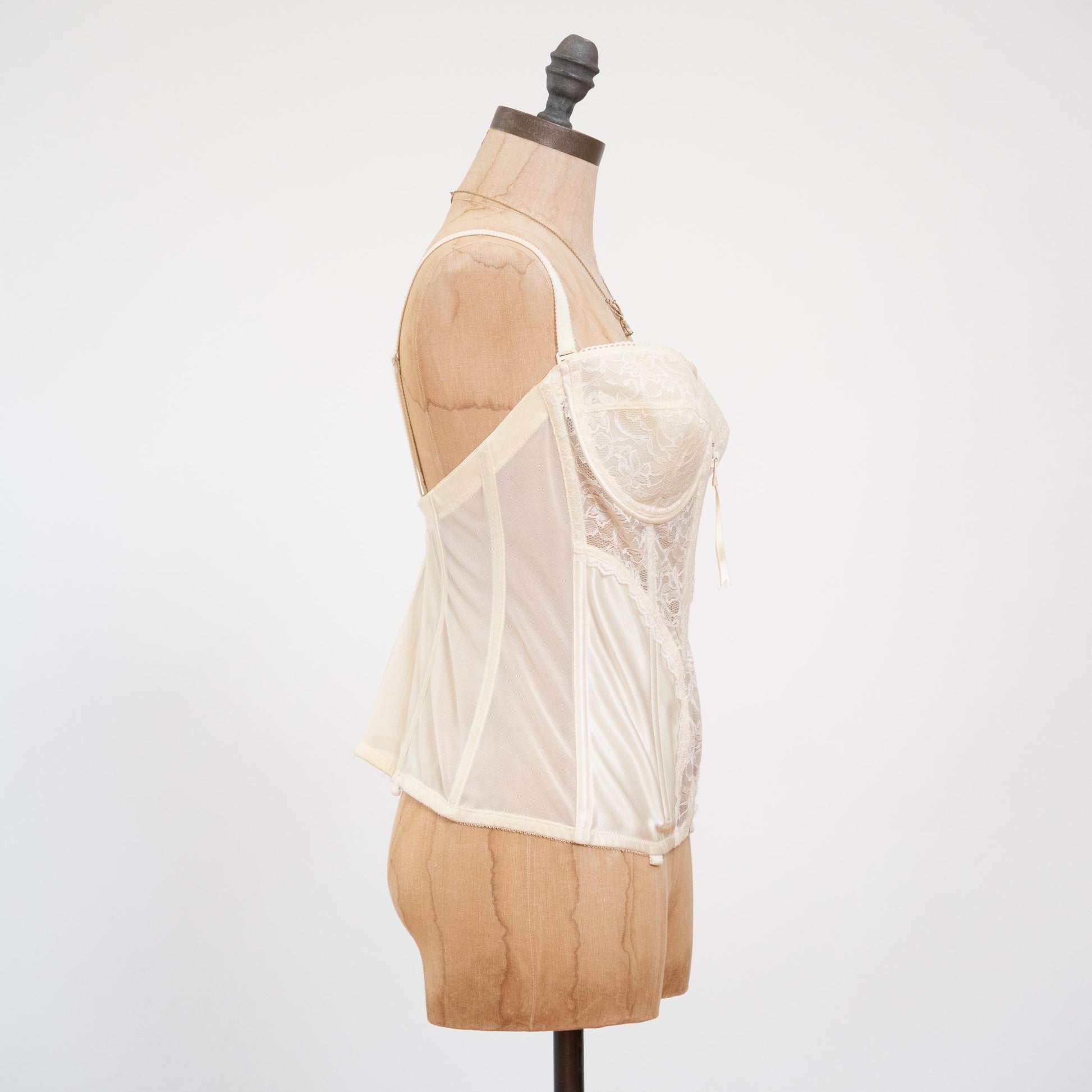 Vintage 80s Ivory Satin & Lace Zip Up Bustier - 38C | Lingerie Longline Garter Corset Top