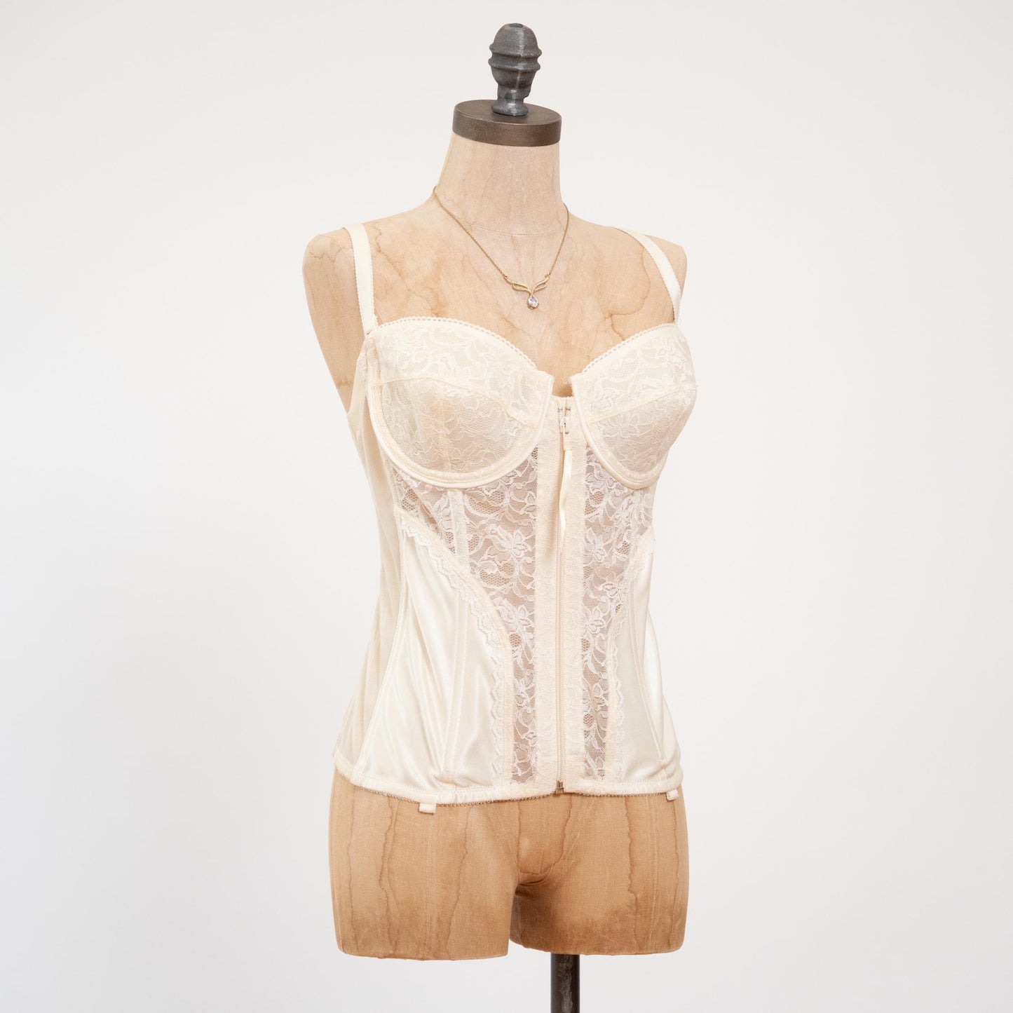 Vintage 80s Ivory Satin & Lace Zip Up Bustier - 38C | Lingerie Longline Garter Corset Top