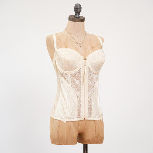 Vintage 80s Ivory Satin & Lace Zip Up Bustier - 38C | Lingerie Longline Garter Corset Top