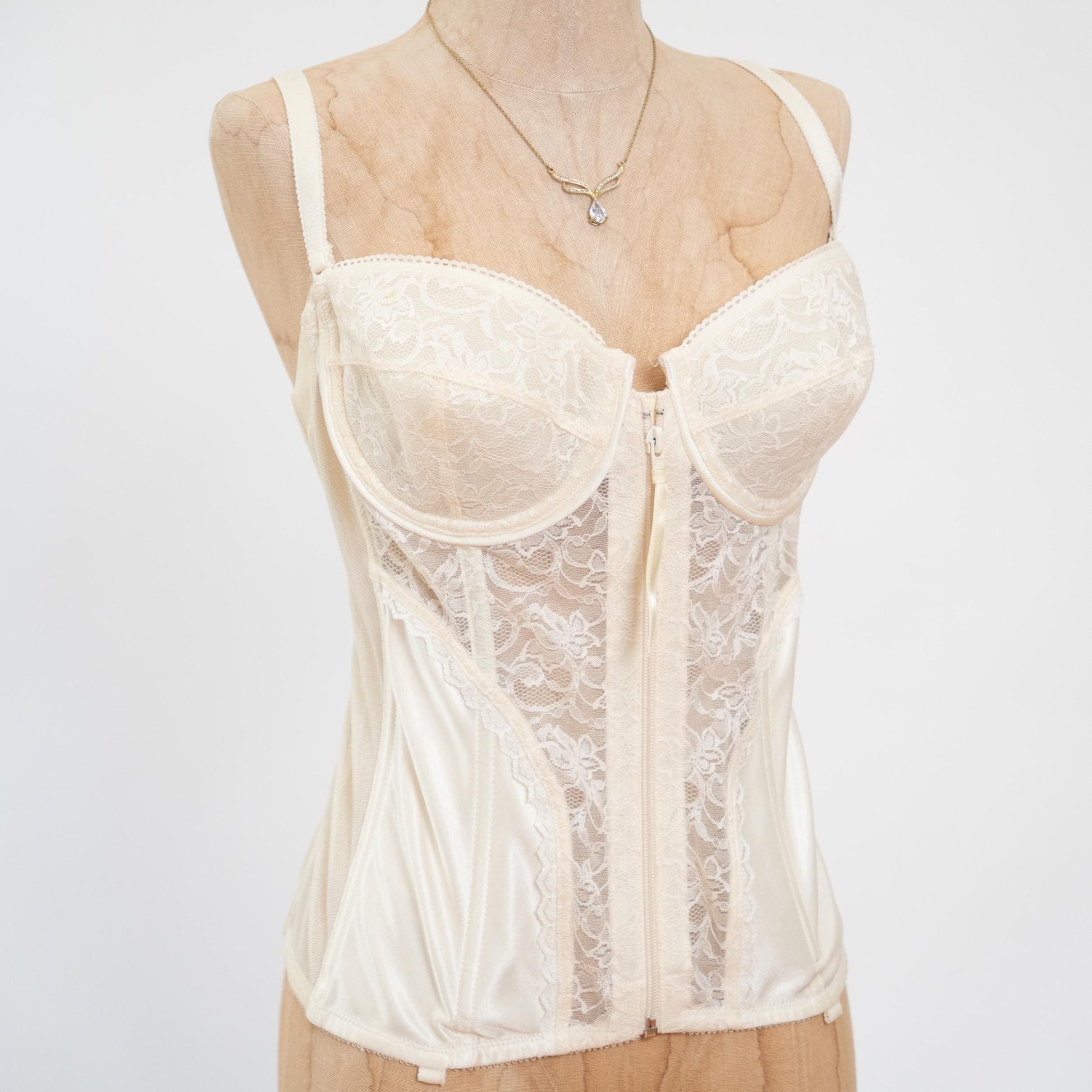 Vintage 80s Ivory Satin & Lace Zip Up Bustier - 38C | Lingerie Longline Garter Corset Top