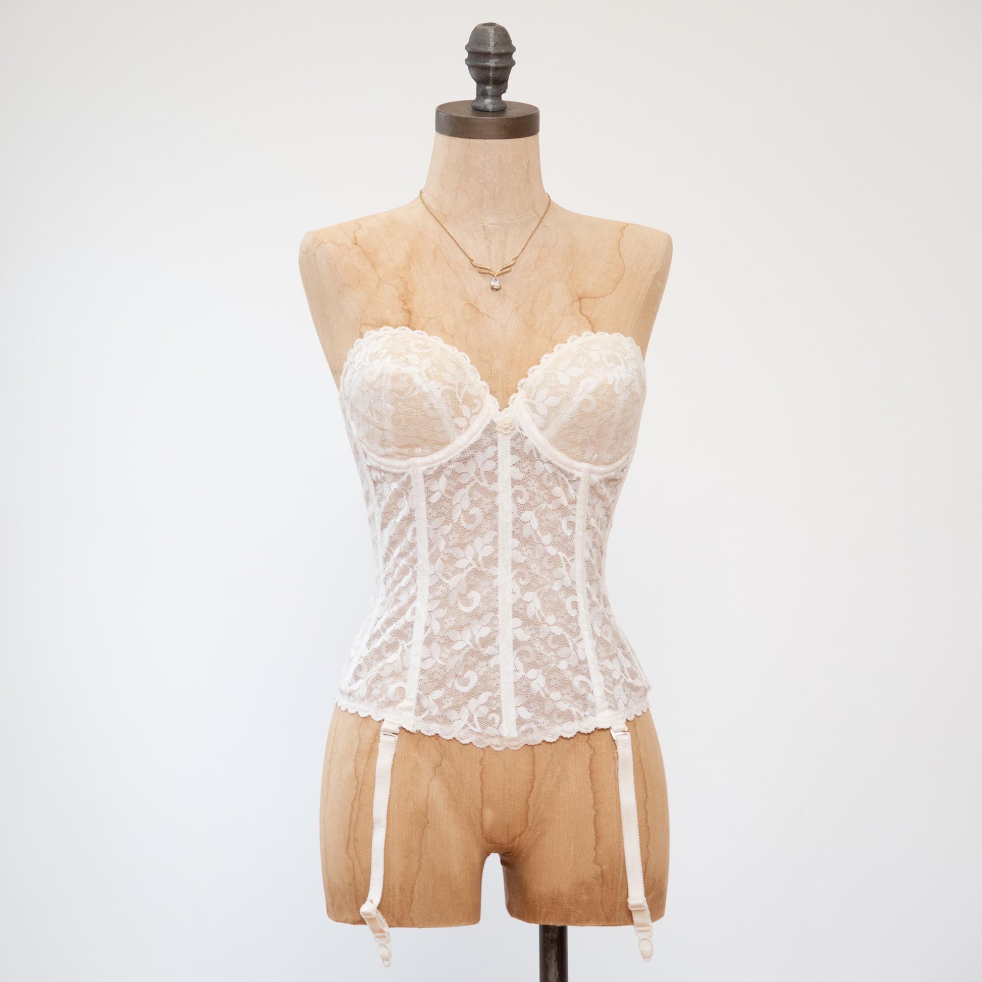 Vintage 70s White Lace Longline Garter Bustier - 34C | Bridal Lingerie Corset Top