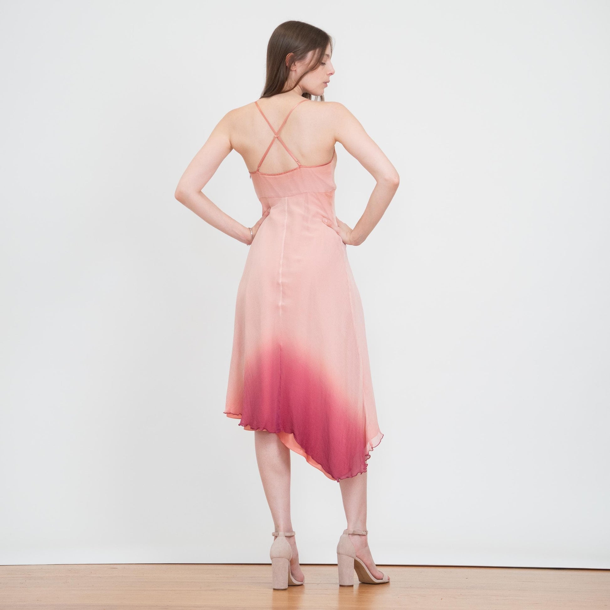 Vintage Y2K Pink Silk Gradient Party Dress - Small | High Low Asymmetrical Hem Midi Dress
