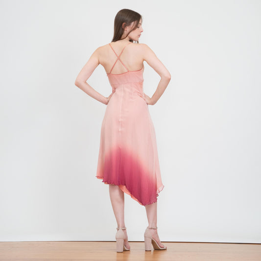 Vintage Y2K Pink Silk Gradient Party Dress - Small | High Low Asymmetrical Hem Midi Dress