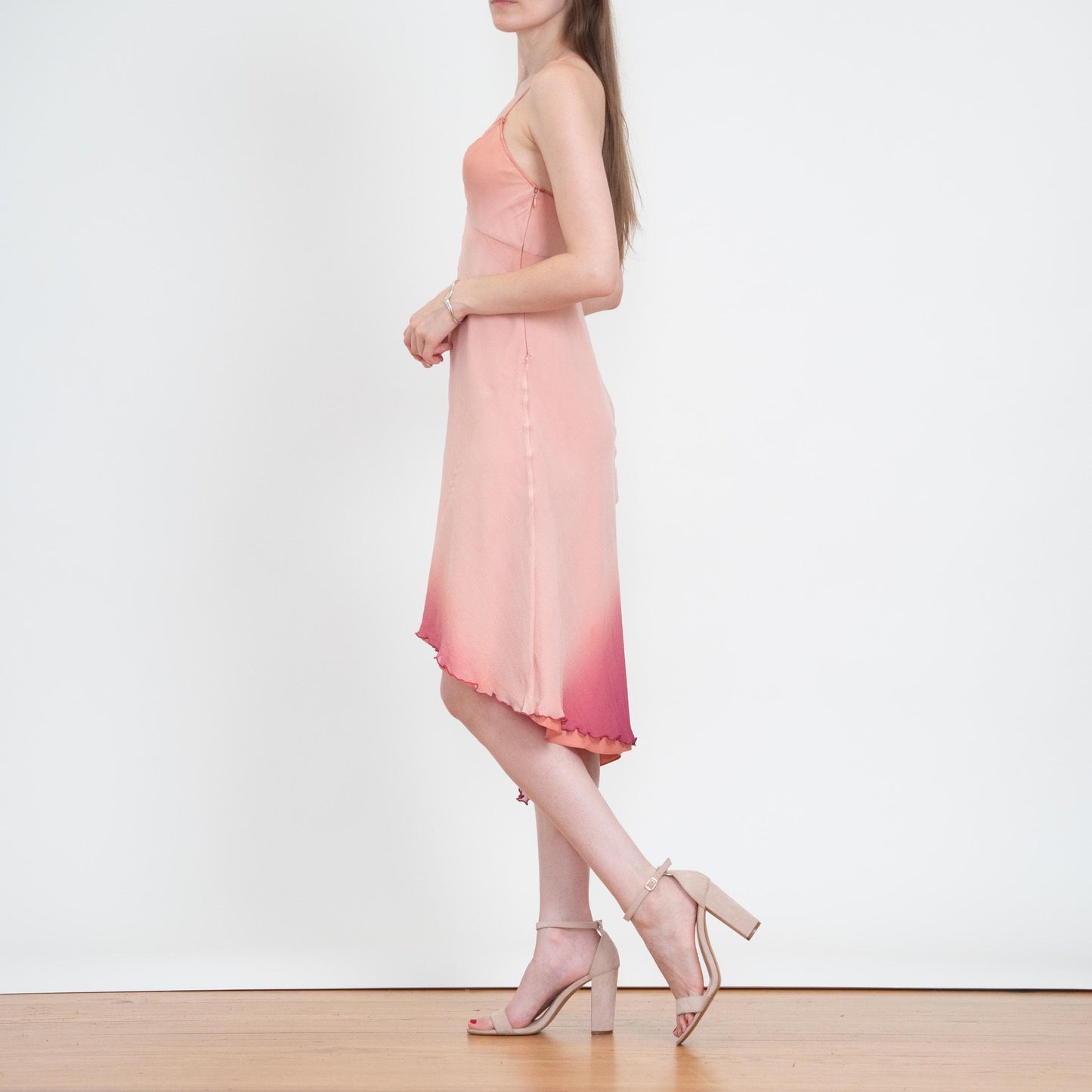 Vintage Y2K Pink Silk Gradient Party Dress - Small | High Low Asymmetrical Hem Midi Dress