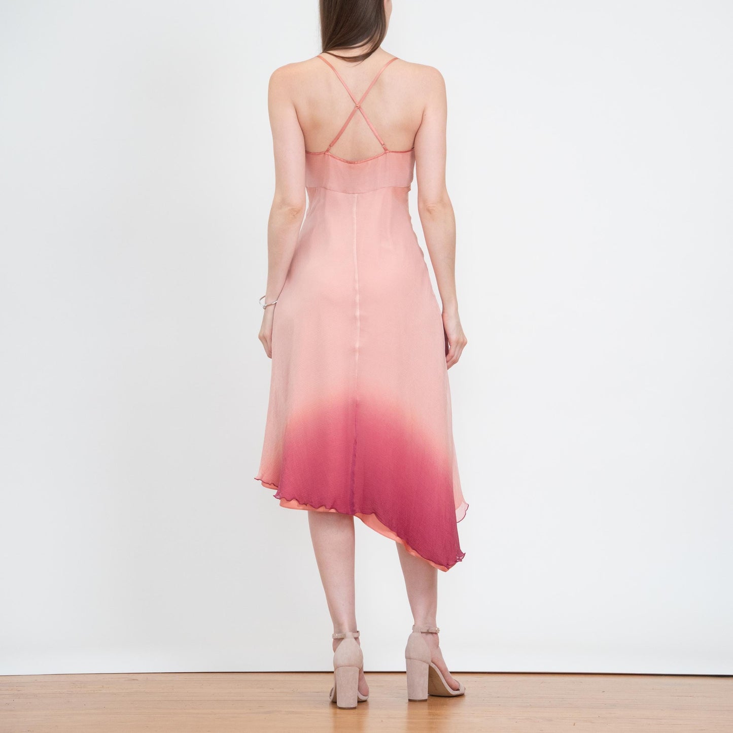 Vintage Y2K Pink Silk Gradient Party Dress - Small | High Low Asymmetrical Hem Midi Dress