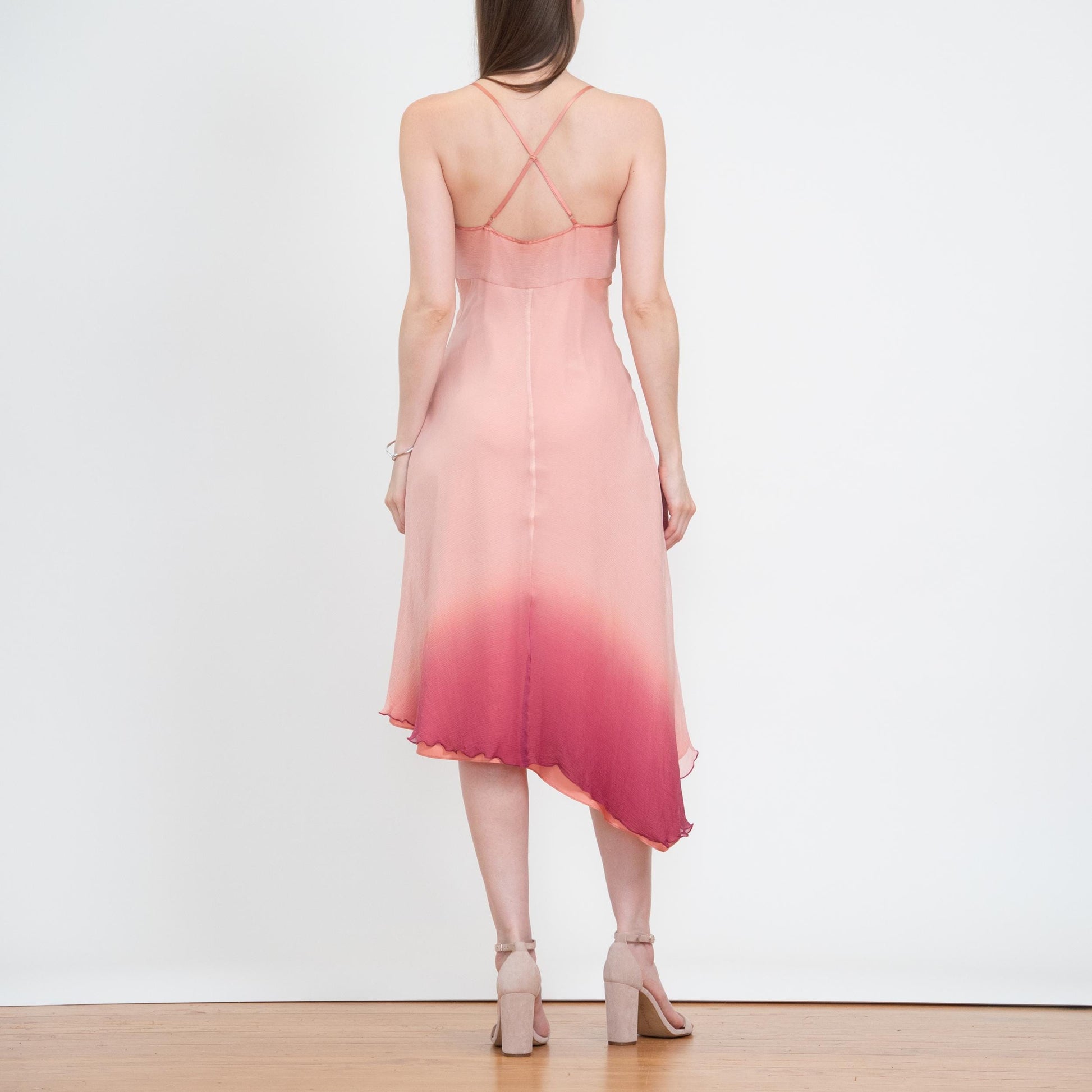 Vintage Y2K Pink Silk Gradient Party Dress - Small | High Low Asymmetrical Hem Midi Dress