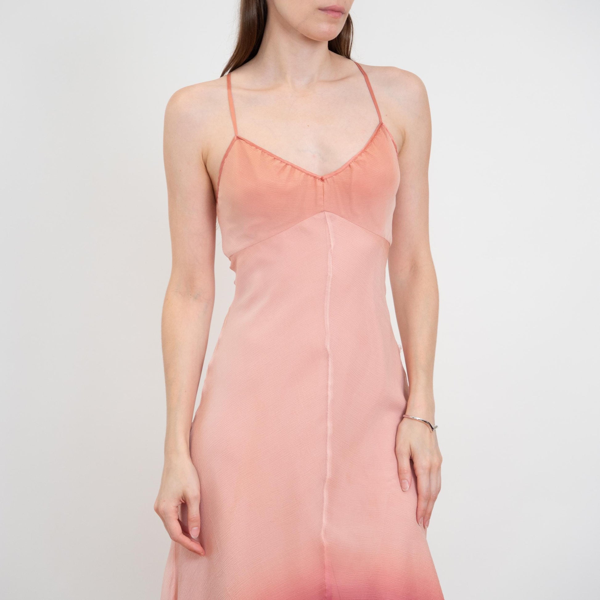 Vintage Y2K Pink Silk Gradient Party Dress - Small | High Low Asymmetrical Hem Midi Dress