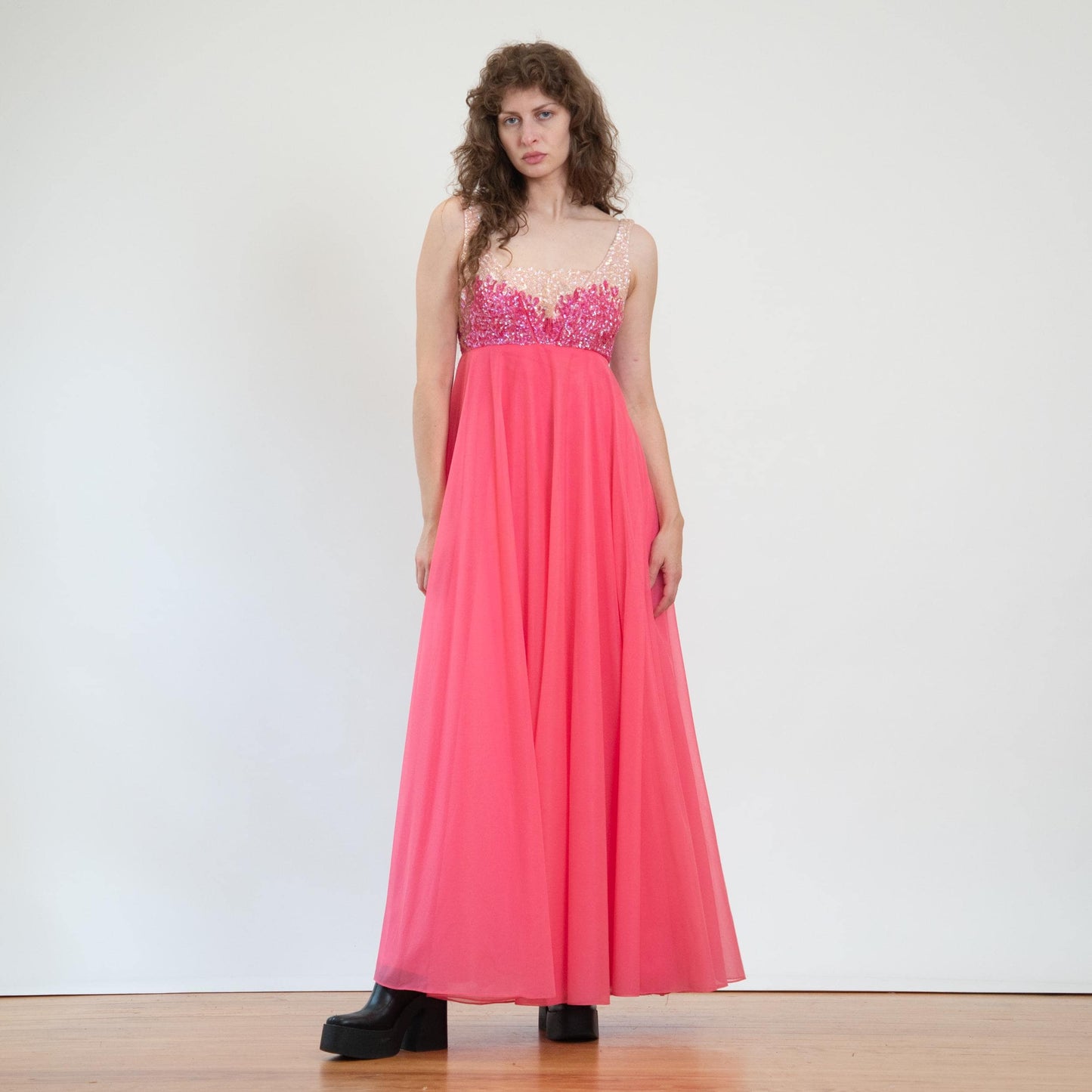 Vintage 70s Mike Benet Hot Pink Chiffon & Sequin Gown - Medium | Formal Low Back Prom Dress