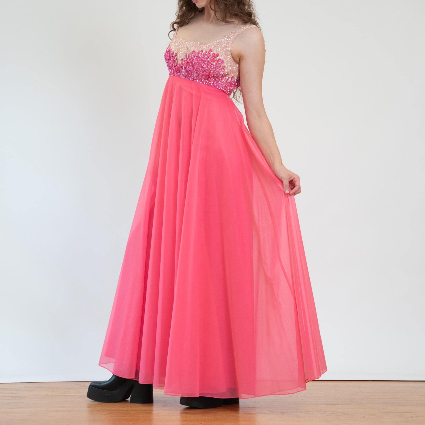 Vintage 70s Mike Benet Hot Pink Chiffon & Sequin Gown - Medium | Formal Low Back Prom Dress