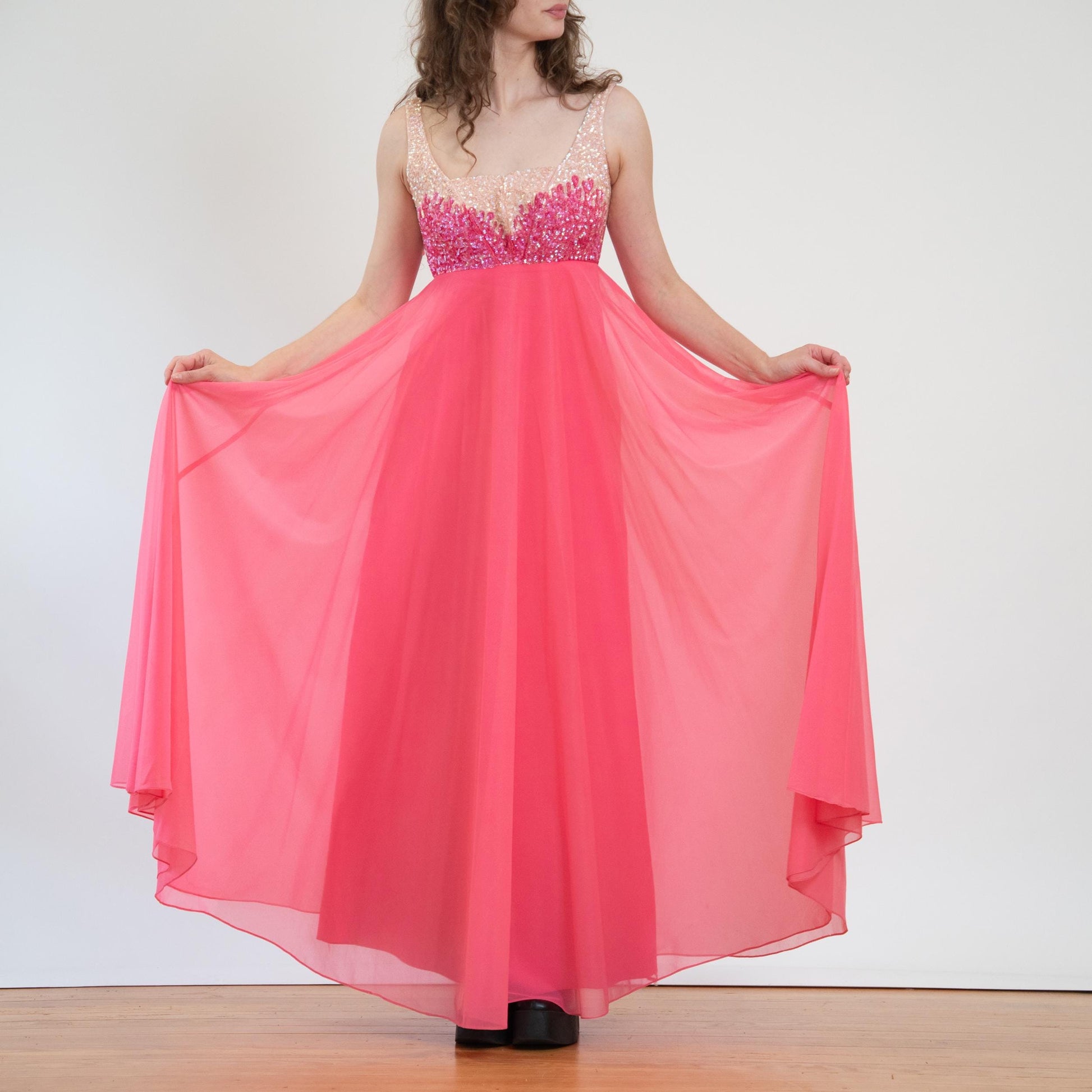 Vintage 70s Mike Benet Hot Pink Chiffon & Sequin Gown - Medium | Formal Low Back Prom Dress