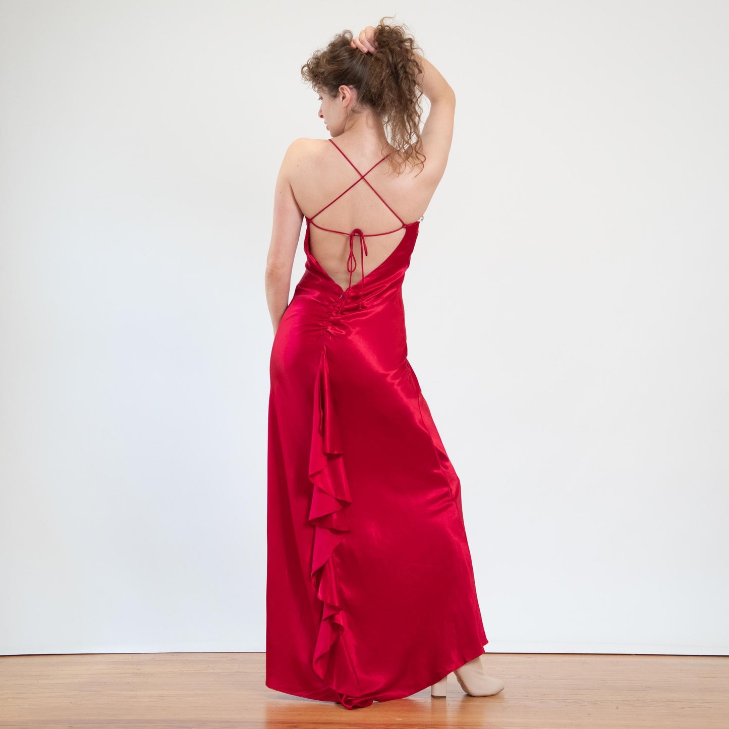 Vintage 90s Red Satin Open Back Evening Gown - Medium | Zum Zum Niki Livas Formal Bias Cut Maxi Dress With Train