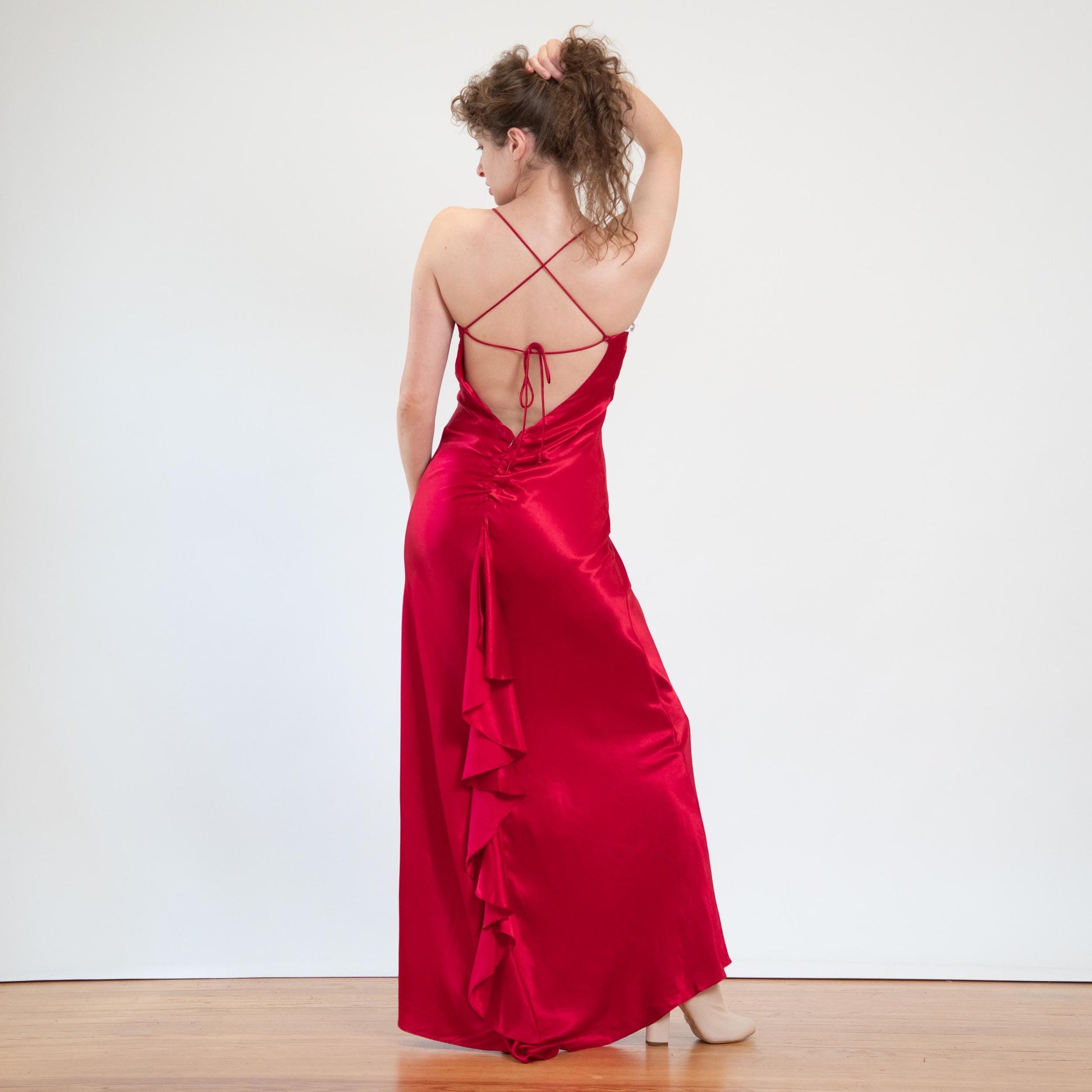 Vintage 90s Red Satin Open Back Evening Gown - Medium | Zum Zum Niki Livas Formal Bias Cut Maxi Dress With Train
