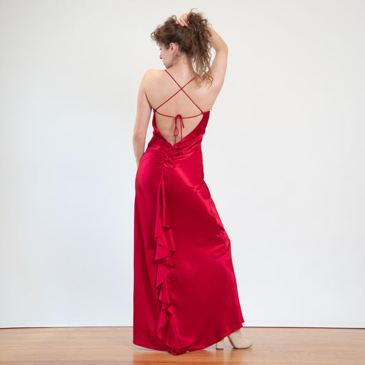 Vintage 90s Red Satin Open Back Evening Gown - Medium | Zum Zum Niki Livas Formal Bias Cut Maxi Dress With Train