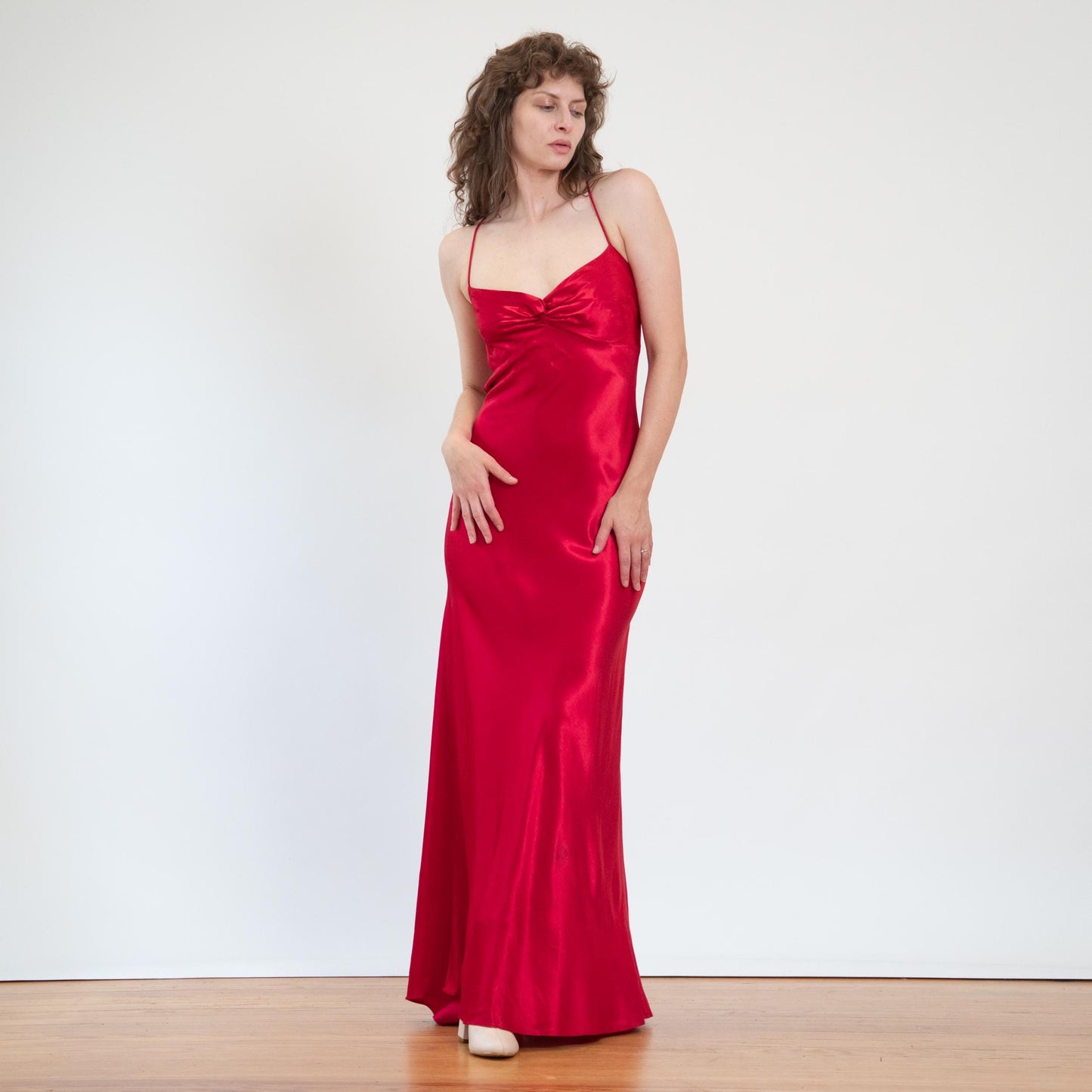 Vintage 90s Red Satin Open Back Evening Gown - Medium | Zum Zum Niki Livas Formal Bias Cut Maxi Dress With Train