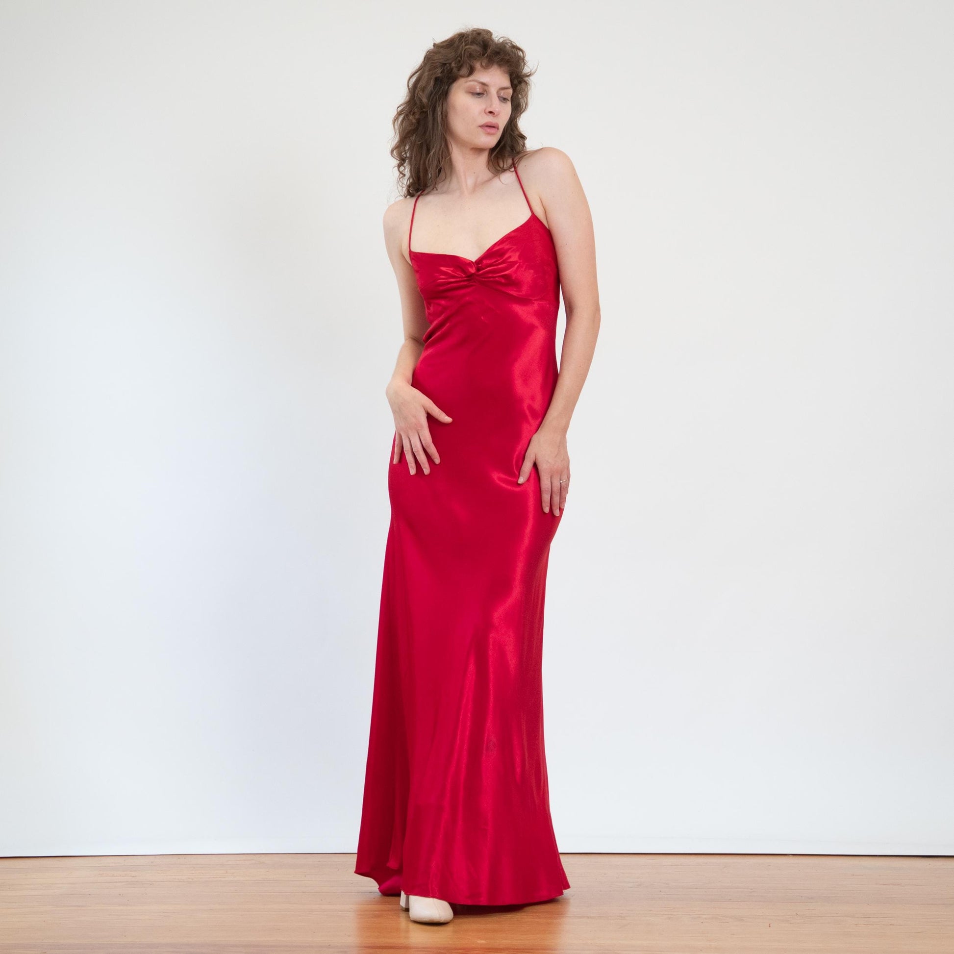 Vintage 90s Red Satin Open Back Evening Gown - Medium | Zum Zum Niki Livas Formal Bias Cut Maxi Dress With Train