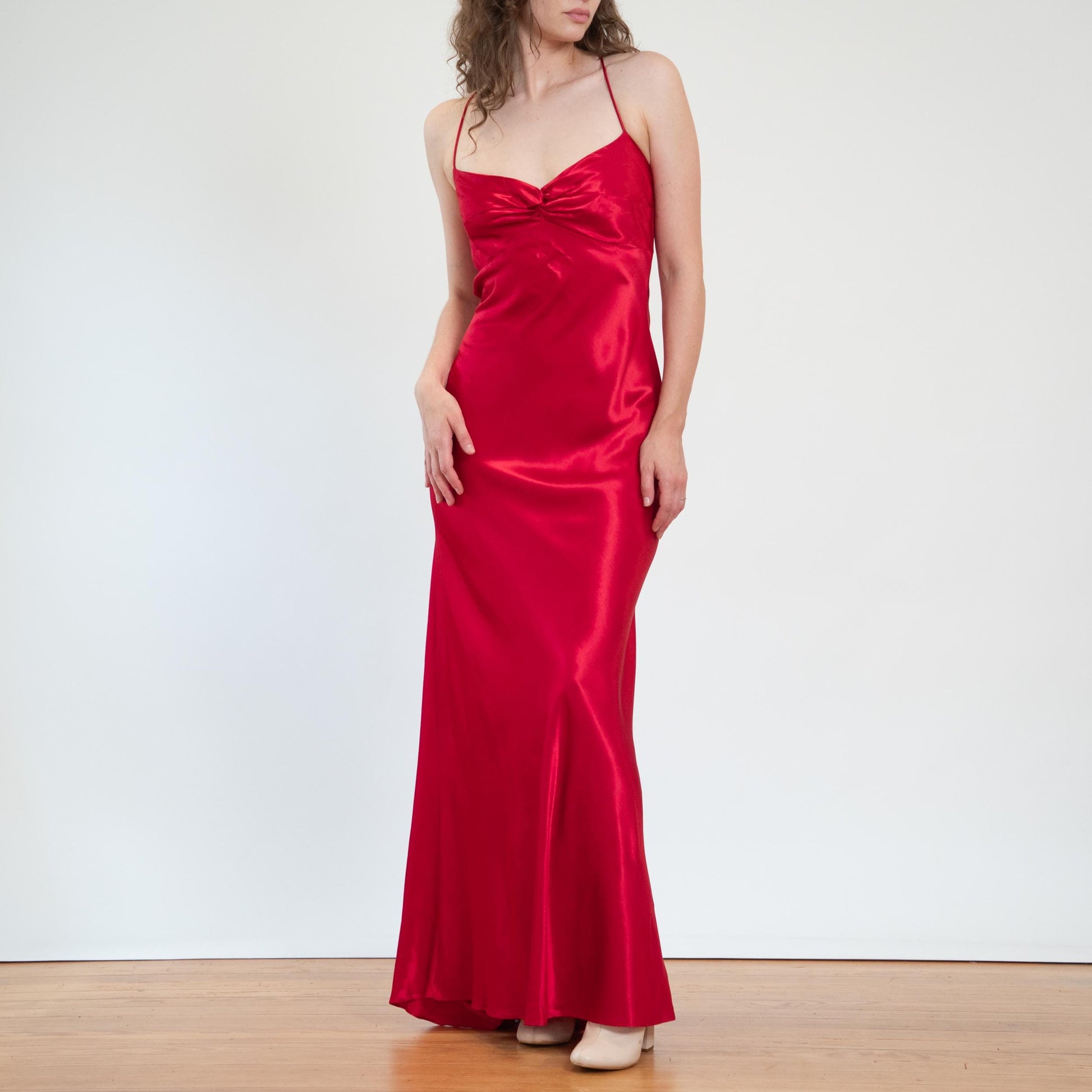 Vintage 90s Red Satin Open Back Evening Gown - Medium | Zum Zum Niki Livas Formal Bias Cut Maxi Dress With Train