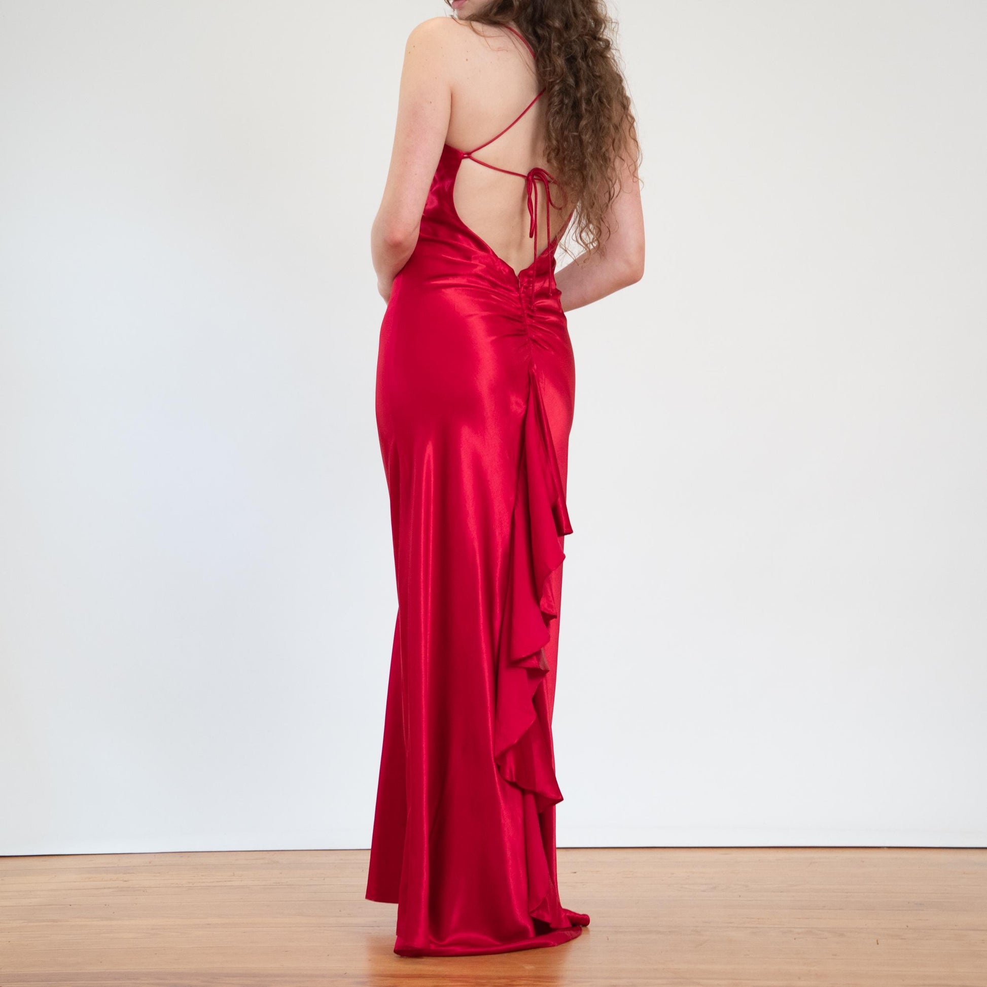 Vintage 90s Red Satin Open Back Evening Gown - Medium | Zum Zum Niki Livas Formal Bias Cut Maxi Dress With Train