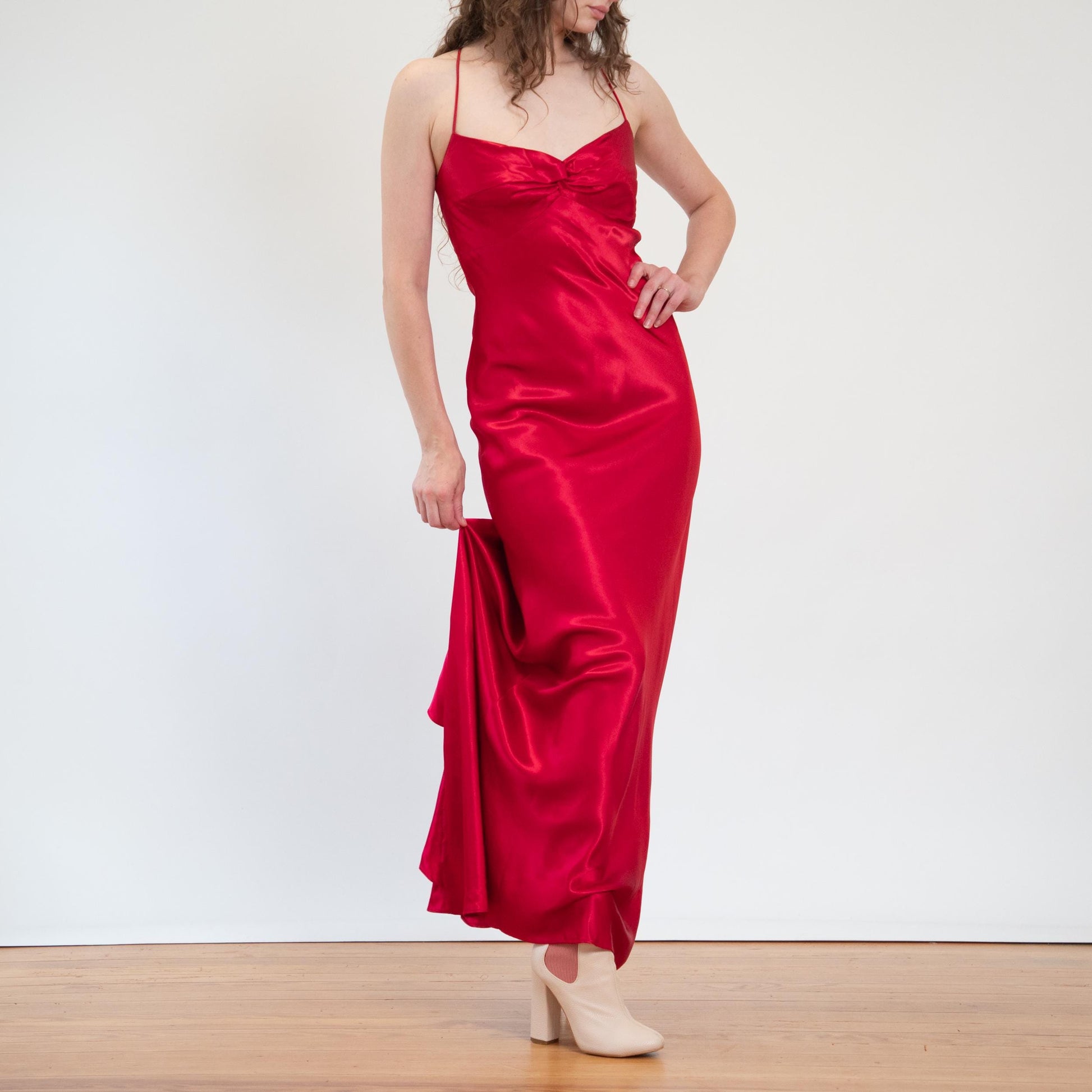 Vintage 90s Red Satin Open Back Evening Gown - Medium | Zum Zum Niki Livas Formal Bias Cut Maxi Dress With Train