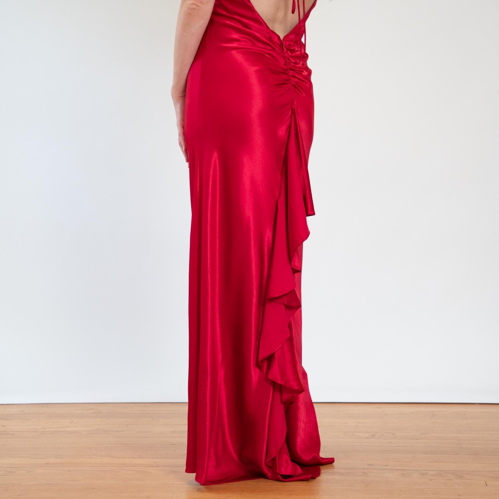 Vintage 90s Red Satin Open Back Evening Gown - Medium | Zum Zum Niki Livas Formal Bias Cut Maxi Dress With Train