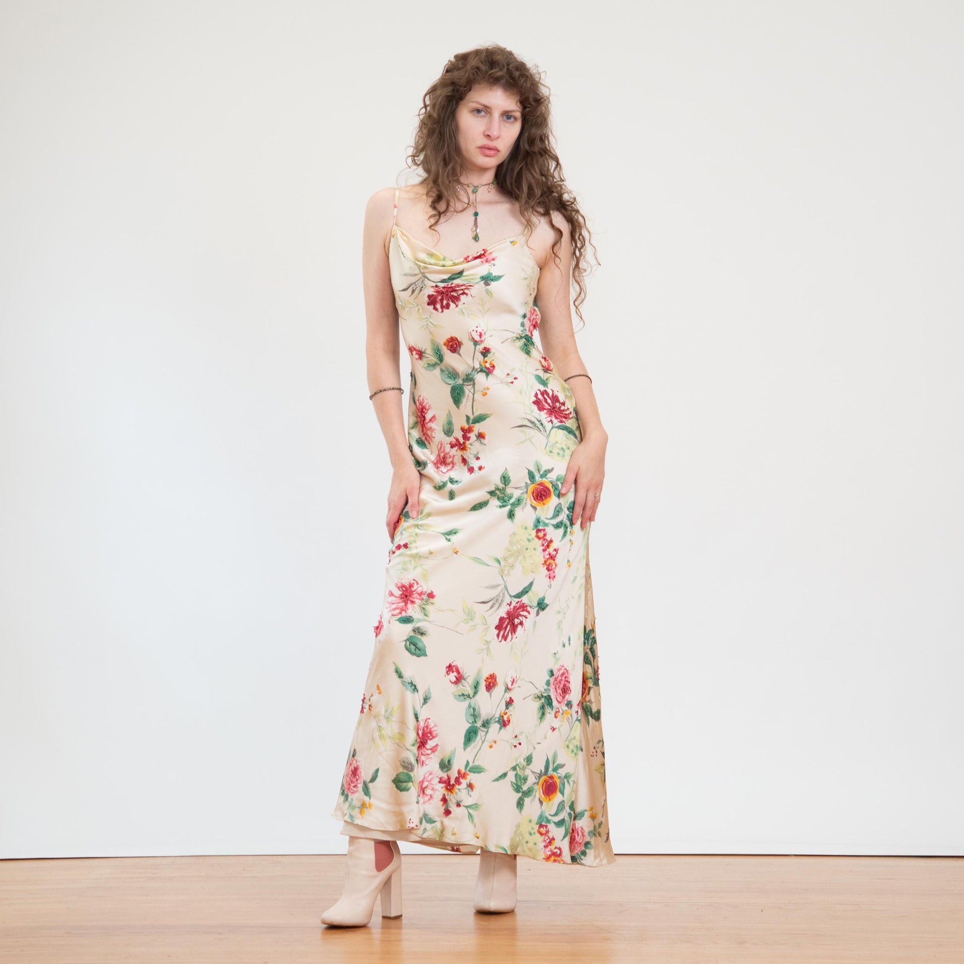 Vintage Y2K Cache Champagne Floral Silk Beaded Gown