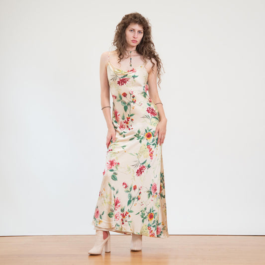 Vintage Y2K Cache Champagne Floral Silk Beaded Gown - Medium | Formal Maxi Prom Party Dress, Wedding Guest Dress