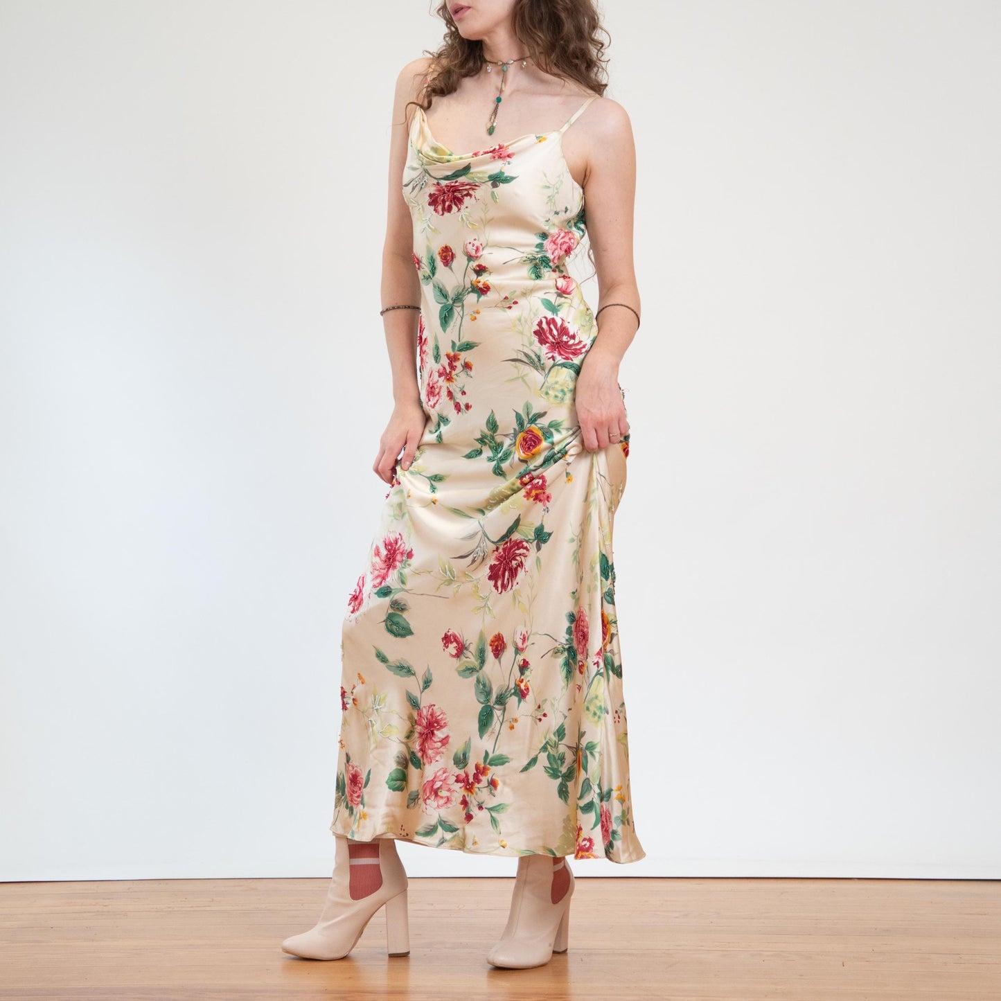 Vintage Y2K Cache Champagne Floral Silk Beaded Gown - Medium | Formal Maxi Prom Party Dress, Wedding Guest Dress