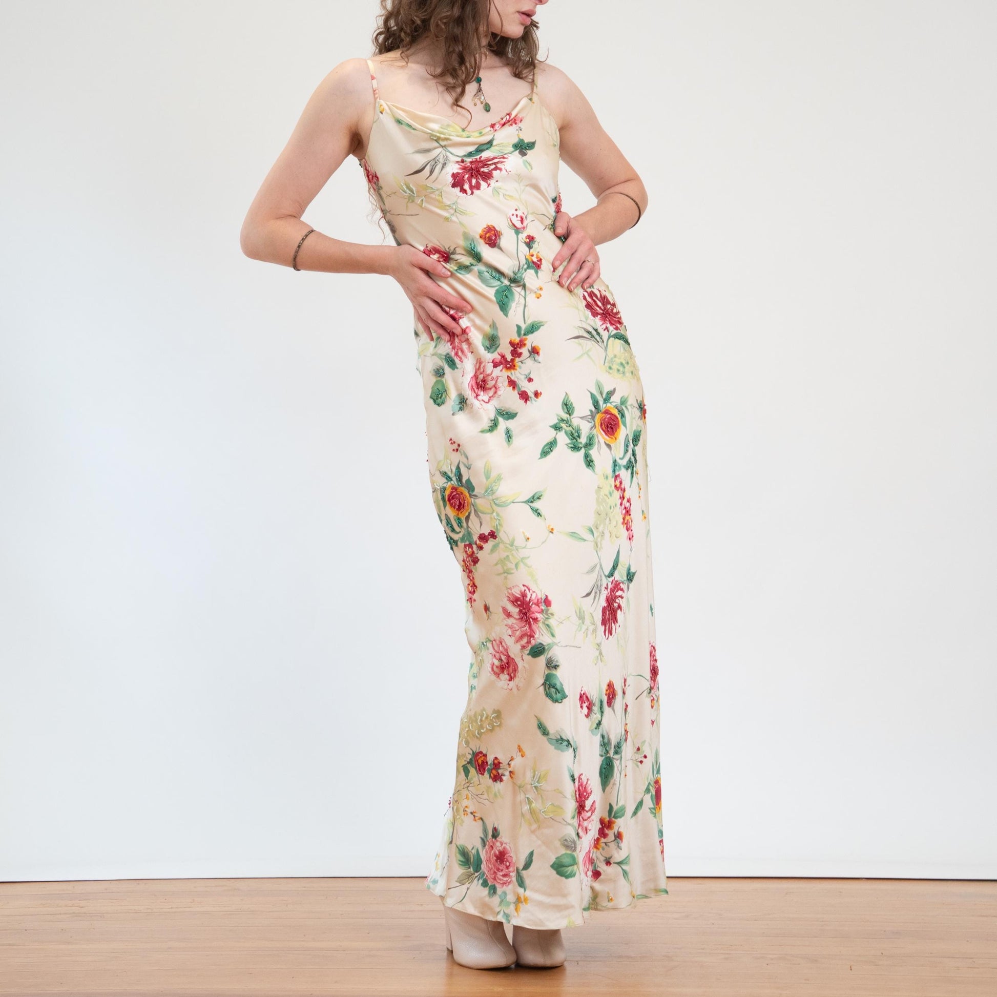 Vintage Y2K Cache Champagne Floral Silk Beaded Gown - Medium | Formal Maxi Prom Party Dress, Wedding Guest Dress