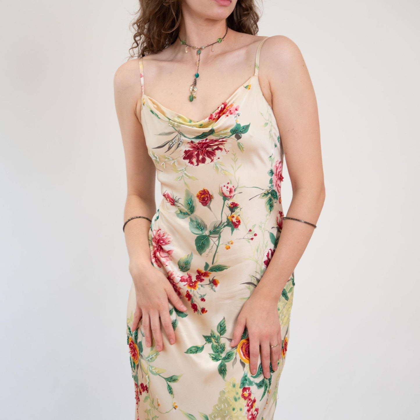 Vintage Y2K Cache Champagne Floral Silk Beaded Gown - Medium | Formal Maxi Prom Party Dress, Wedding Guest Dress