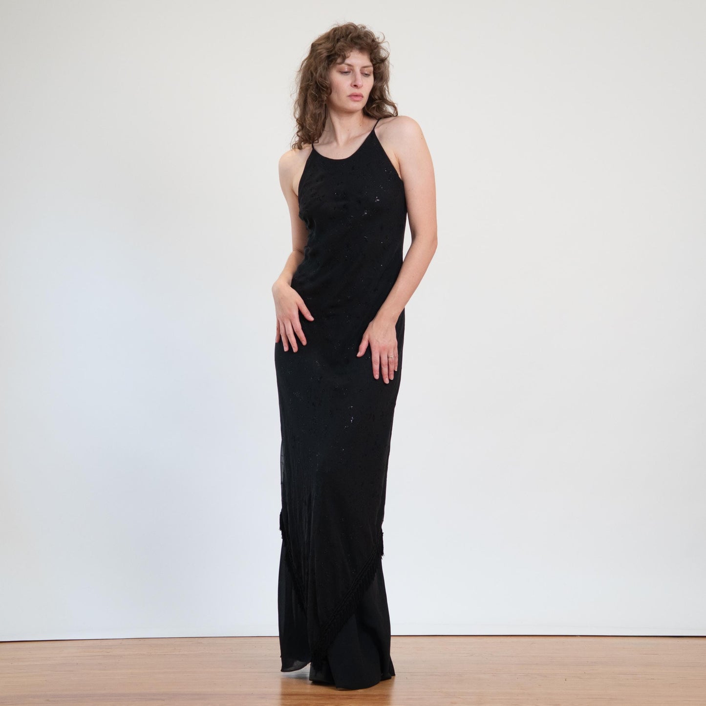 Vintage 90s Witchy Black Fringe Hem Maxi Dress - Large to XL Tall | Sleeveless Sparkle Flocked Floral Evening Gown