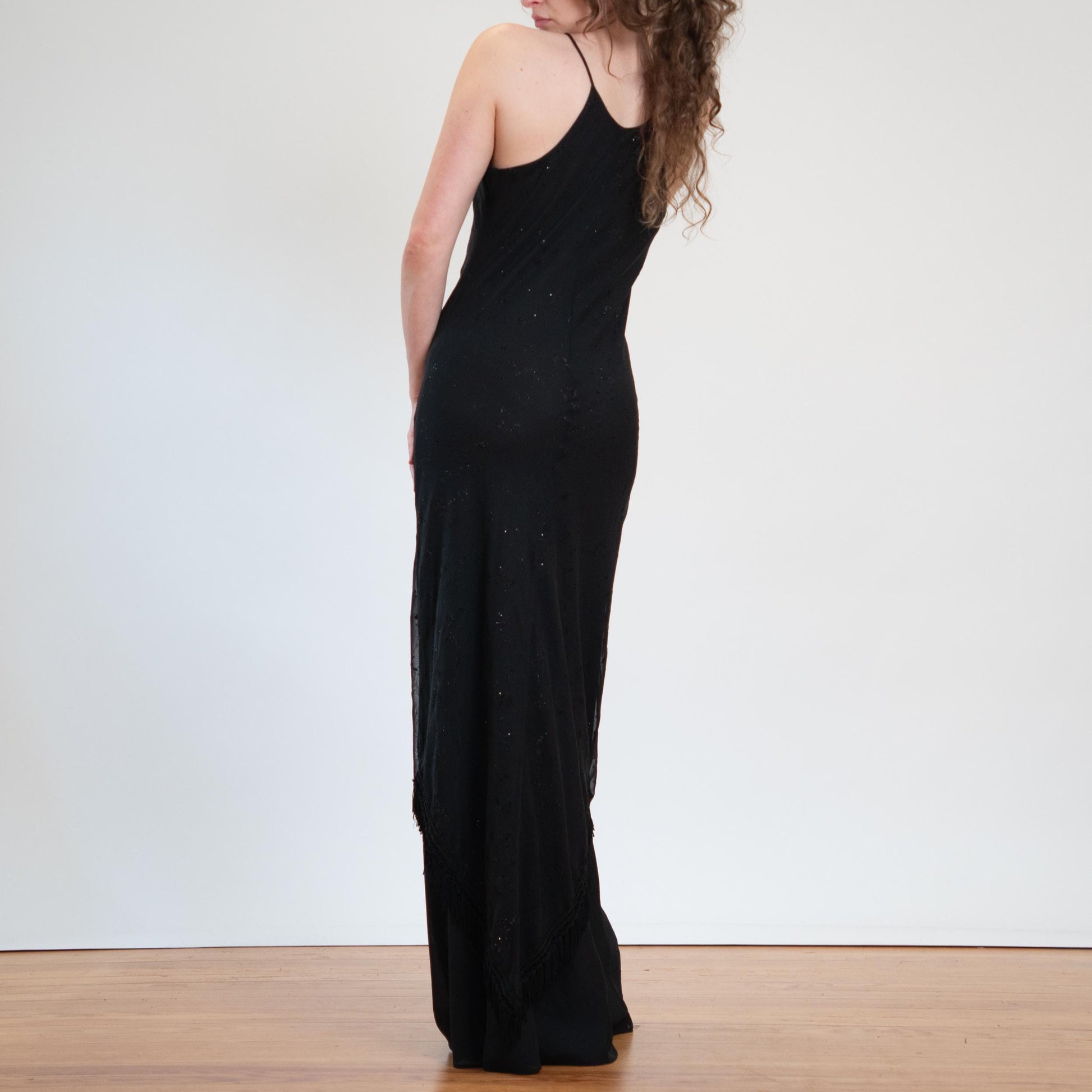 Vintage 90s Witchy Black Fringe Hem Maxi Dress - Large to XL Tall | Sleeveless Sparkle Flocked Floral Evening Gown