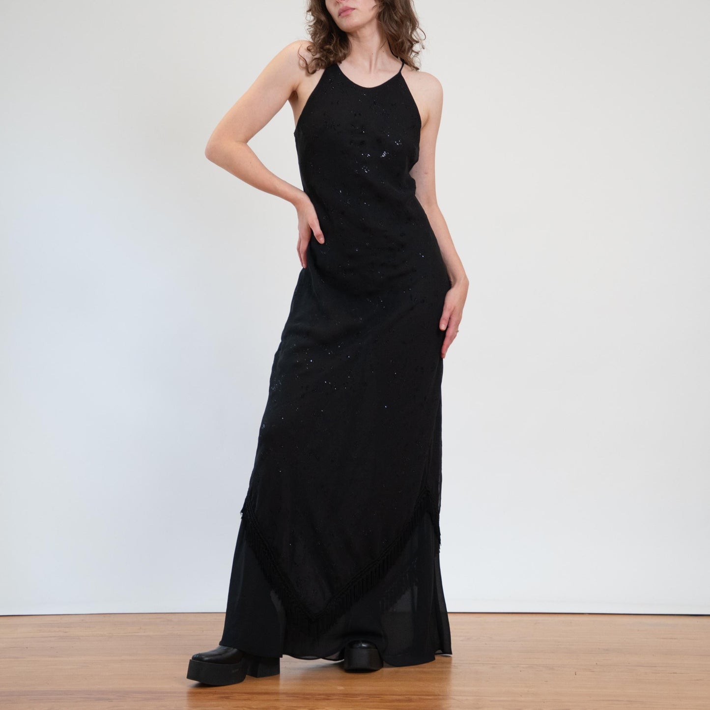 Vintage 90s Witchy Black Fringe Hem Maxi Dress - Large to XL Tall | Sleeveless Sparkle Flocked Floral Evening Gown