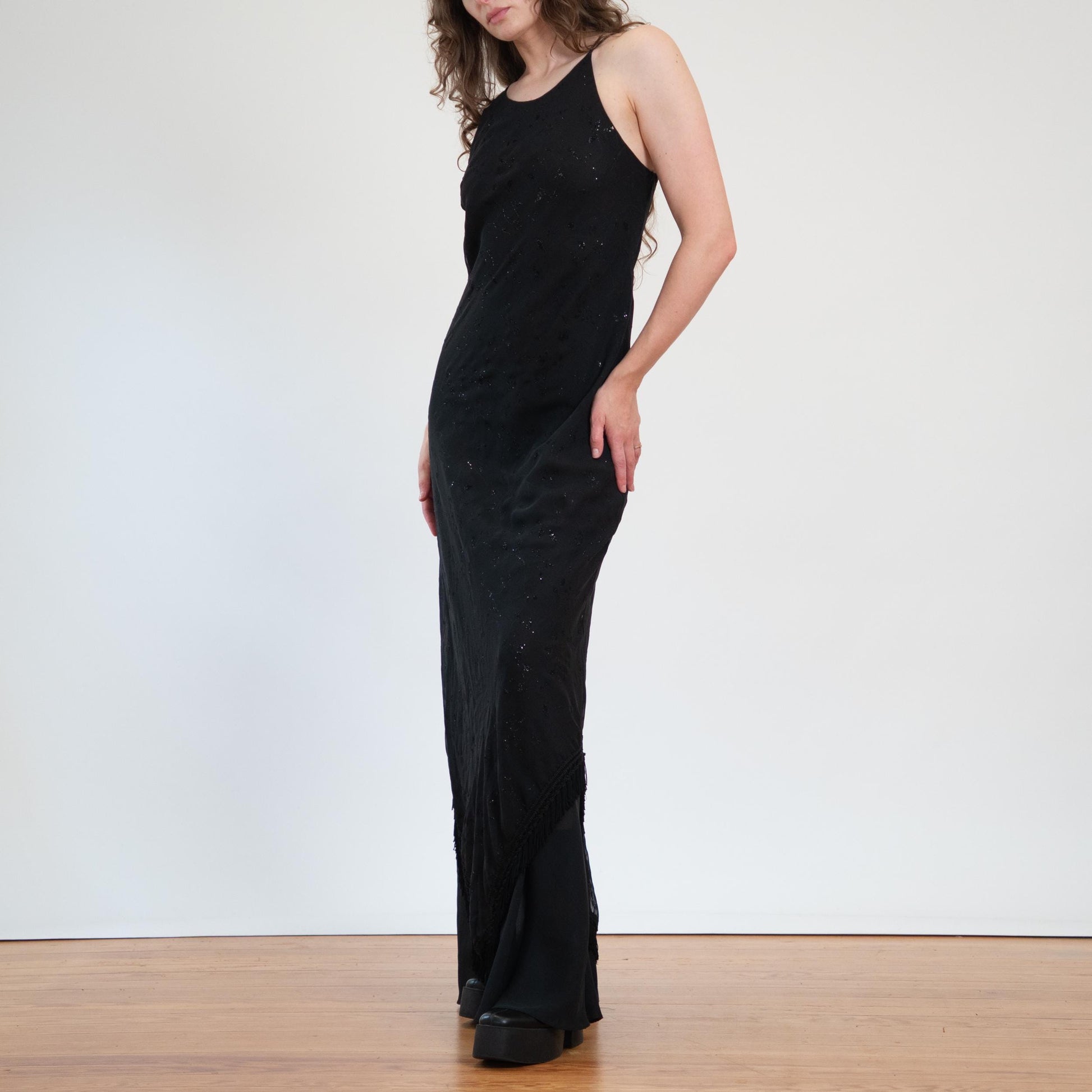 Vintage 90s Witchy Black Fringe Hem Maxi Dress - Large to XL Tall | Sleeveless Sparkle Flocked Floral Evening Gown