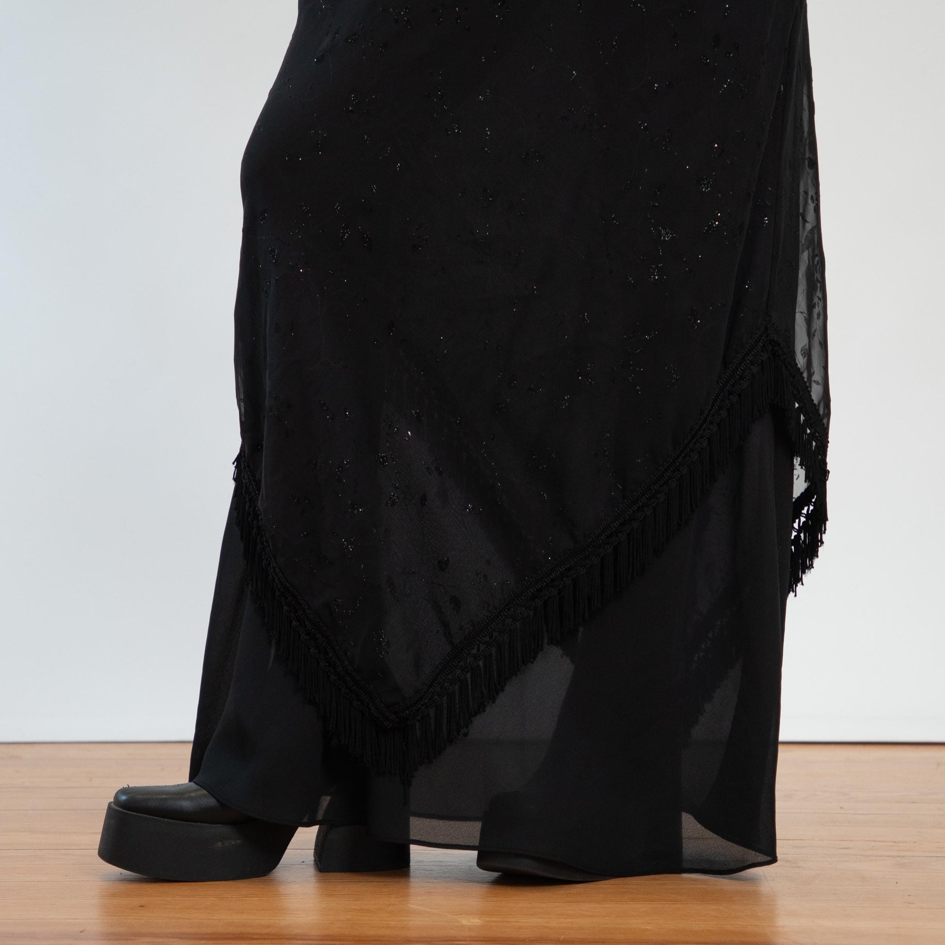 Vintage 90s Witchy Black Fringe Hem Maxi Dress - Large to XL Tall | Sleeveless Sparkle Flocked Floral Evening Gown