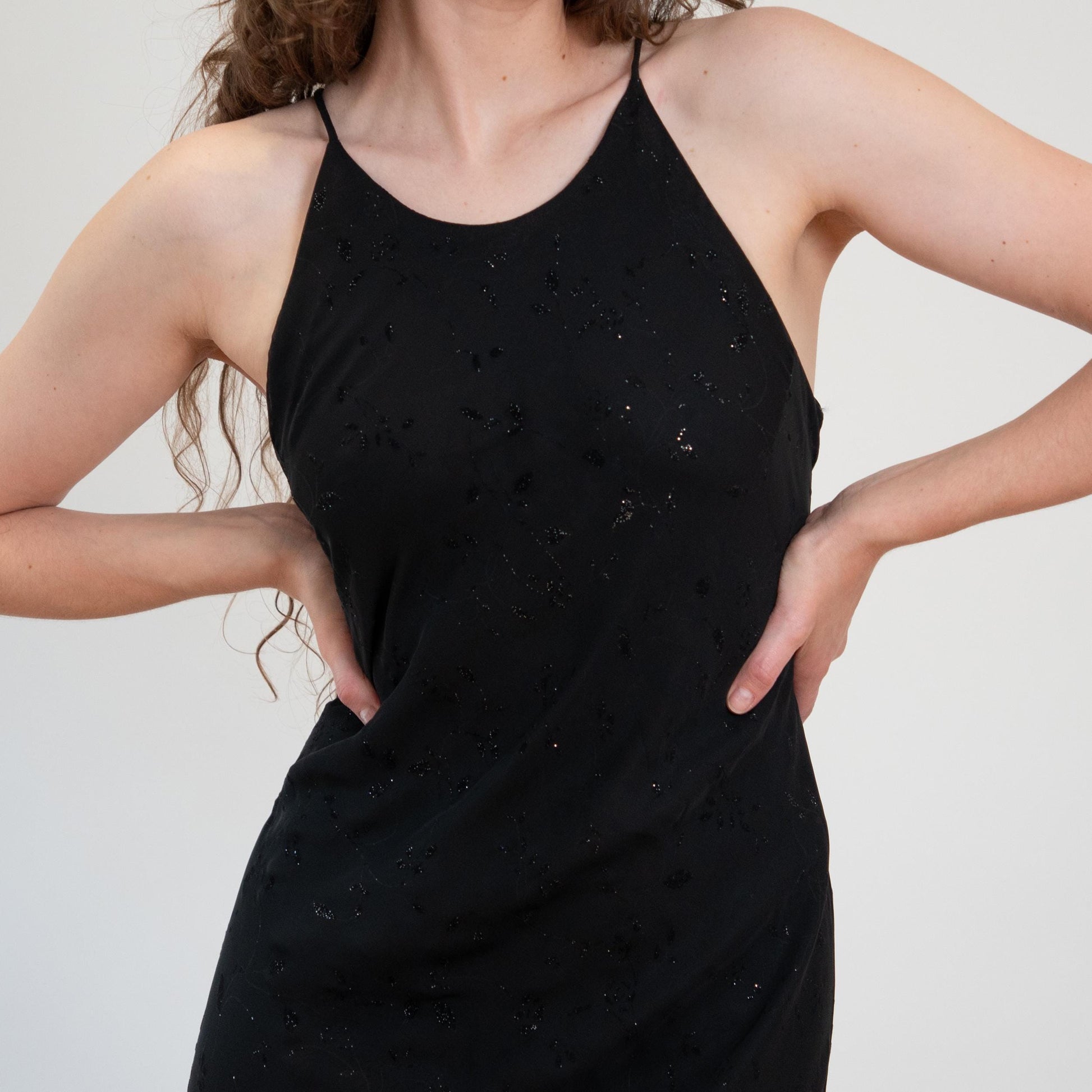 Vintage 90s Witchy Black Fringe Hem Maxi Dress - Large to XL Tall | Sleeveless Sparkle Flocked Floral Evening Gown