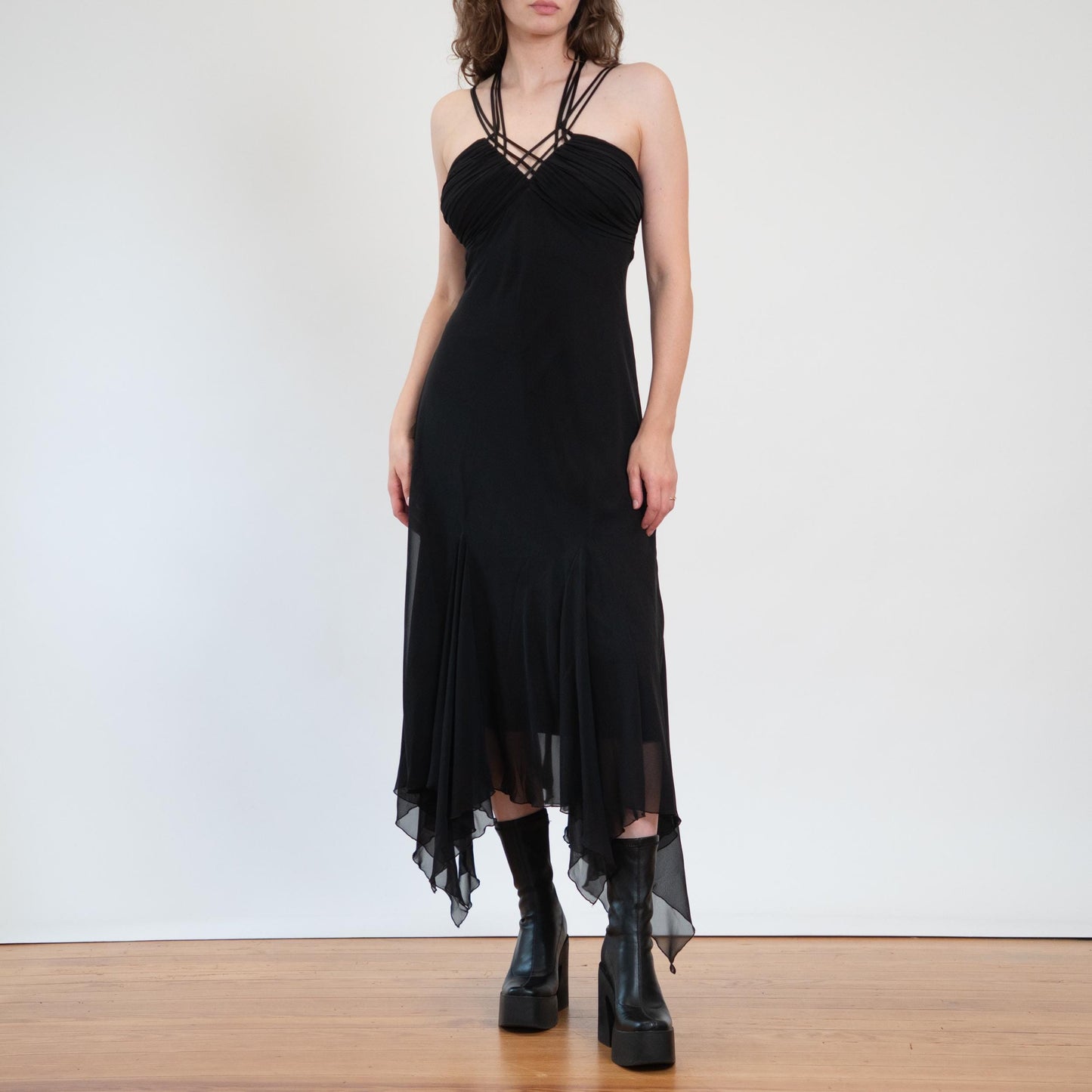 Vintage 90s Black Fairy Goth Maxi Dress - Extra Large | Witchy Scarf Hem Party Dress