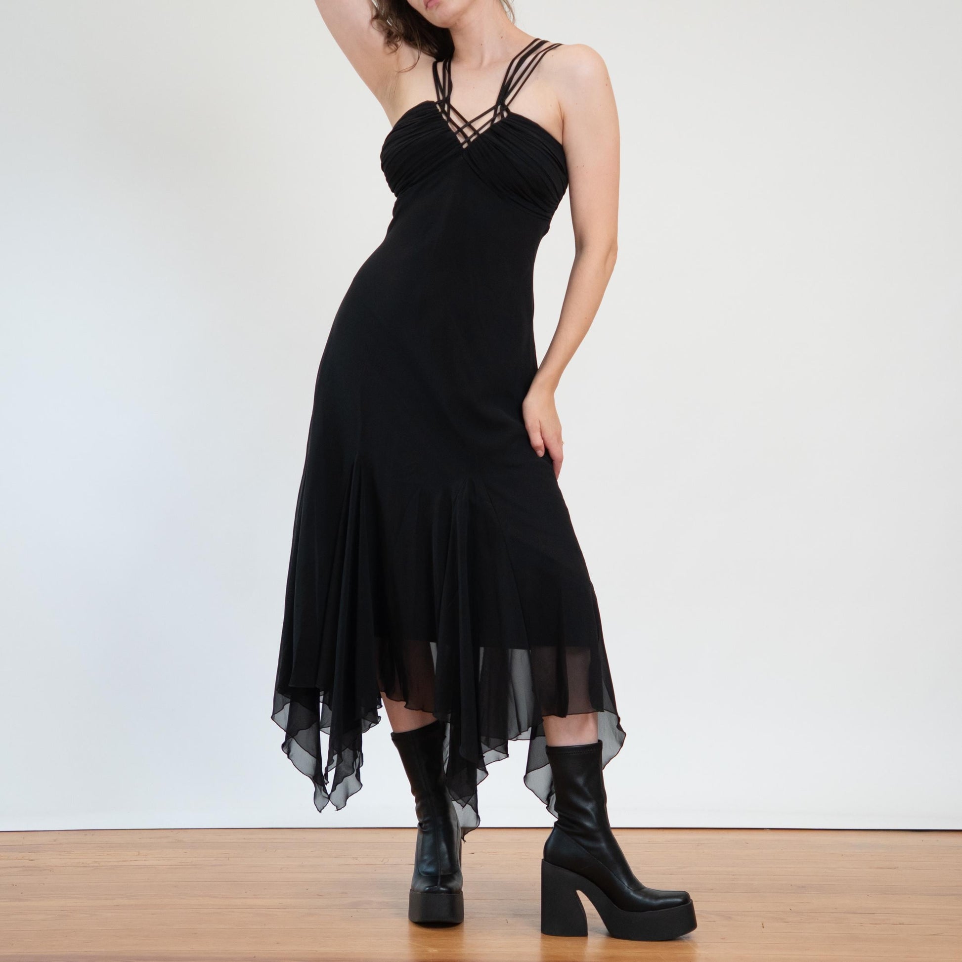 Vintage 90s Black Fairy Goth Maxi Dress - Extra Large | Witchy Scarf Hem Party Dress