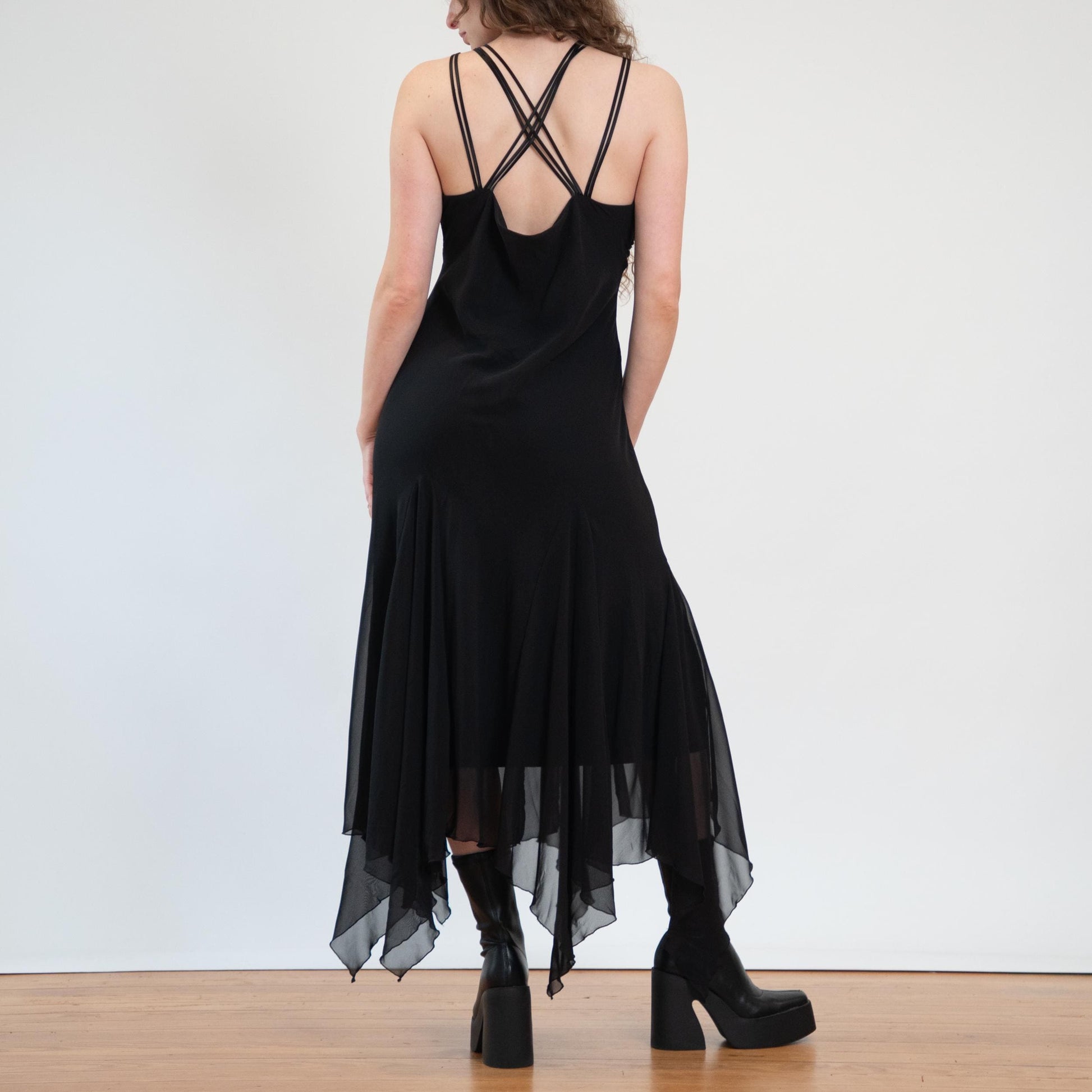 Vintage 90s Black Fairy Goth Maxi Dress - Extra Large | Witchy Scarf Hem Party Dress