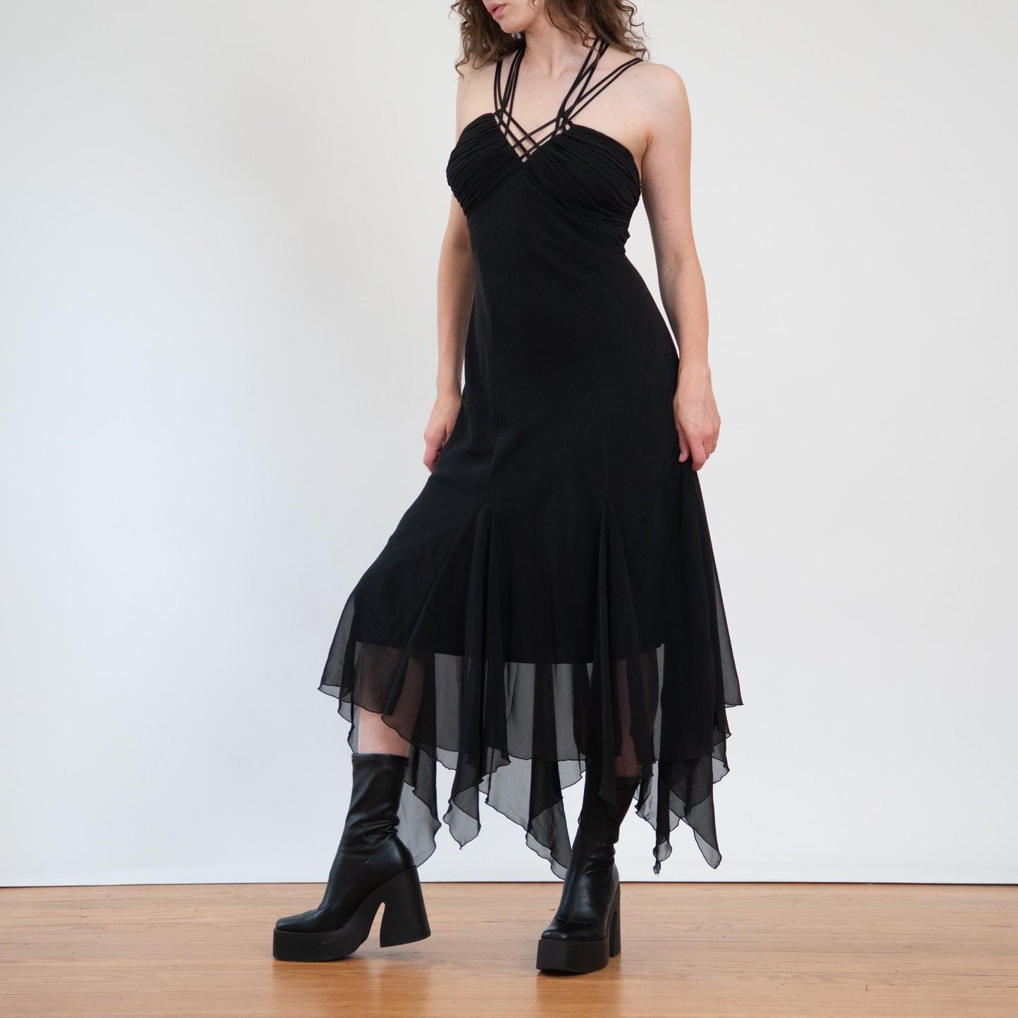 Vintage 90s Black Fairy Goth Maxi Dress - Extra Large | Witchy Scarf Hem Party Dress