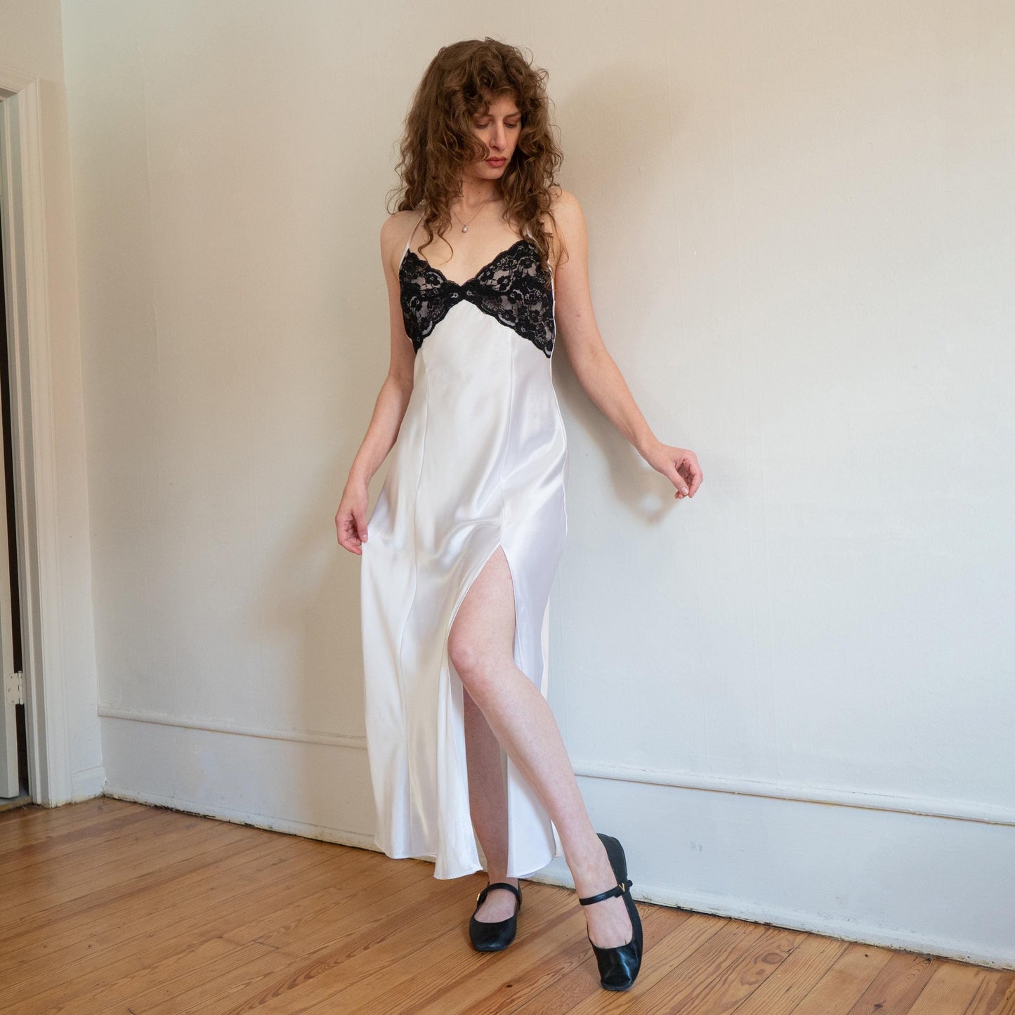 Vintage 90s Victoria's Secret Black & White Maxi Slip Dress - Medium | Satin Lace Goth Bridal Lingerie Nightgown