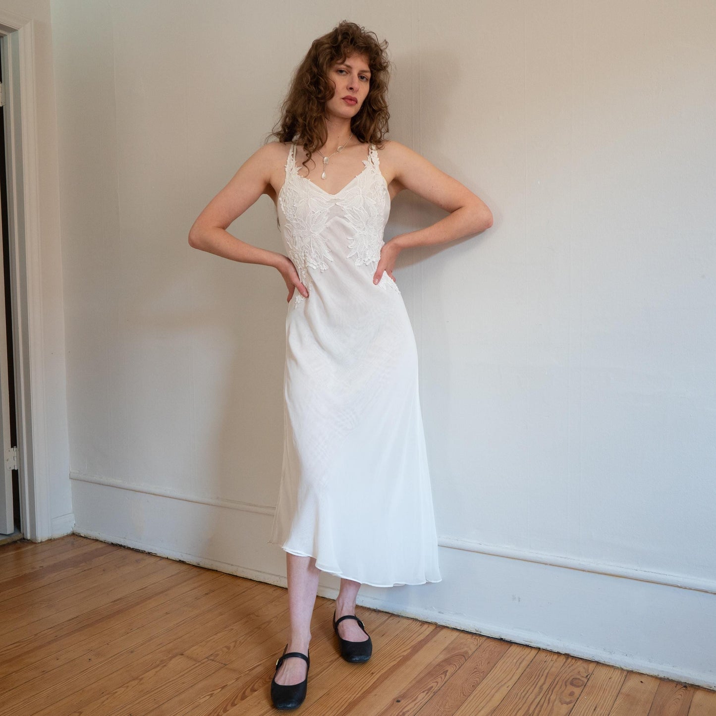 Vintage Y2K White Crochet Floral Maxi Slip Dress - Medium | Boho Bridal Lingerie Nightgown