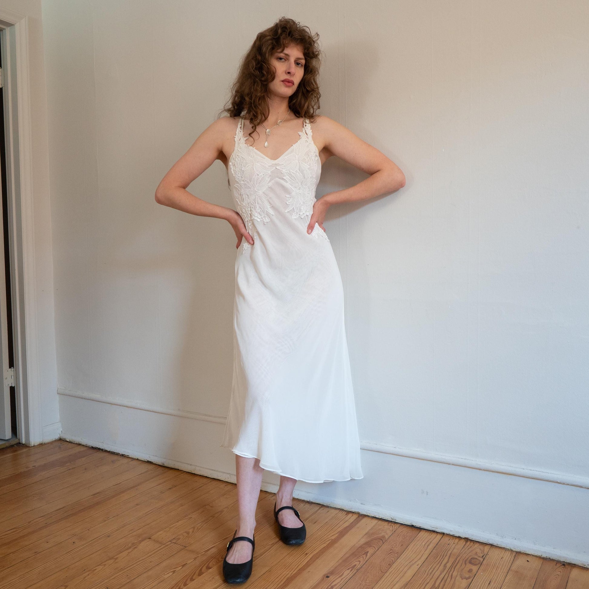 Vintage Y2K White Crochet Floral Maxi Slip Dress - Medium | Boho Bridal Lingerie Nightgown