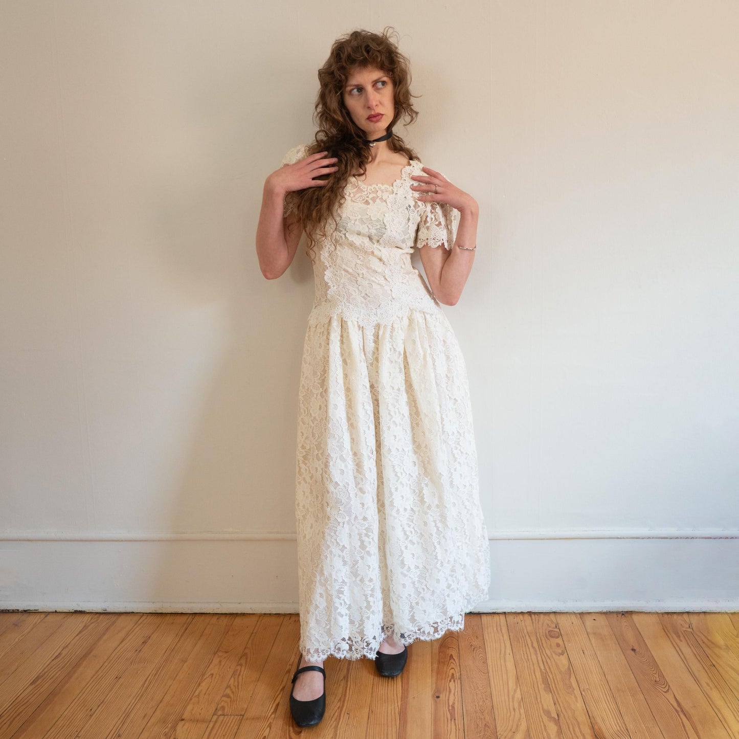 Vintage 80s Cachet by Bari Protas Ivory Lace Wedding Dress - Medium | Drop Waist Puff Sleeve Bridal Gown